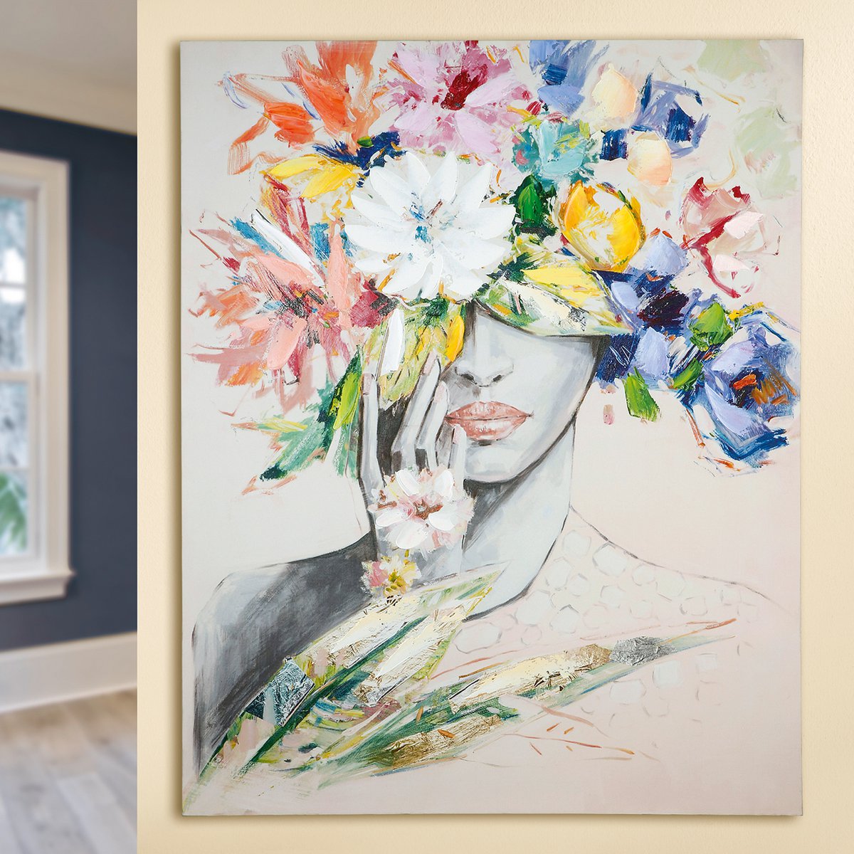 Hout/linnen schilderij "Vrouw met bloemenhoed"
