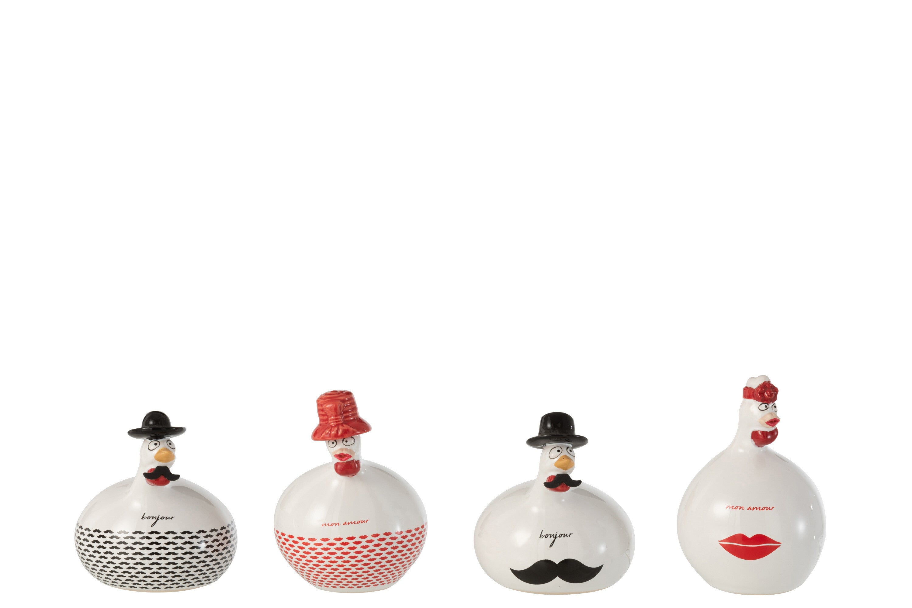 Kip Bonjour/Mon Amour Keramiek Wit/Rood/Zwart Kleine Assortiment Van 4