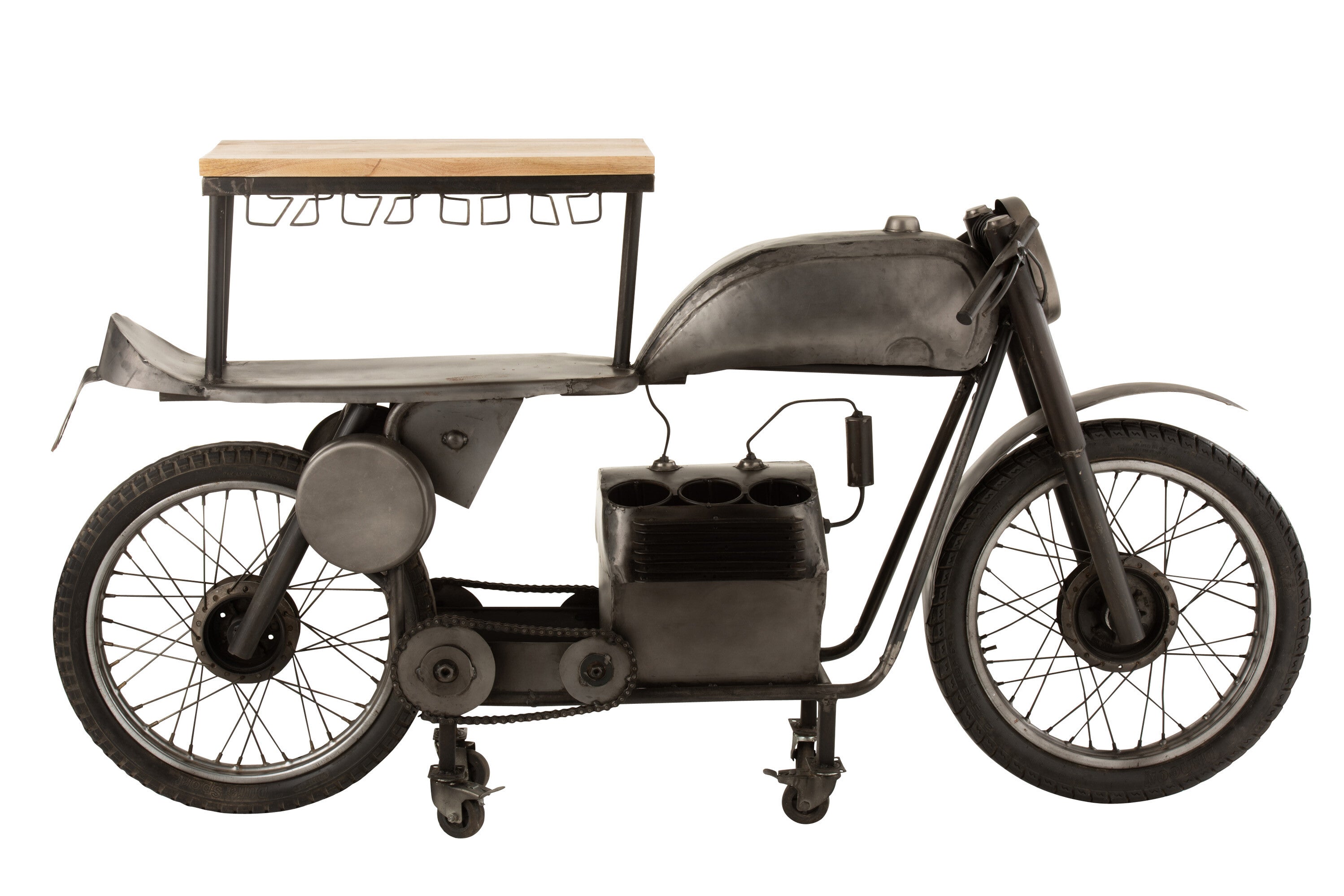 Bar Motorfiets 12Glazen 6Flessen Metaal/Mangohout Donkergrijs/Natuurlijk