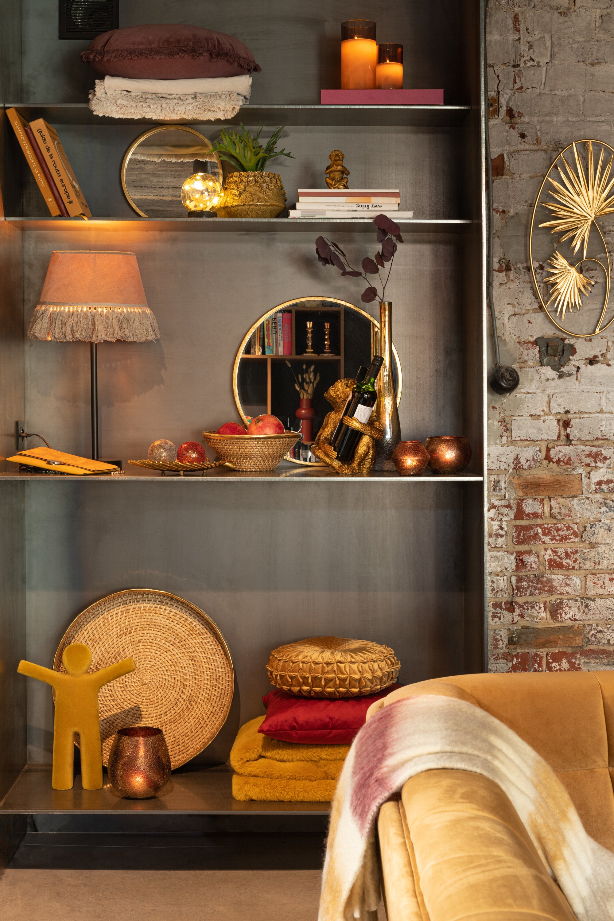 J-Line Spiegel Mona Rond Ijzer/Glas Goud Small - Wandspiegel 40.00 x 40.00 cm