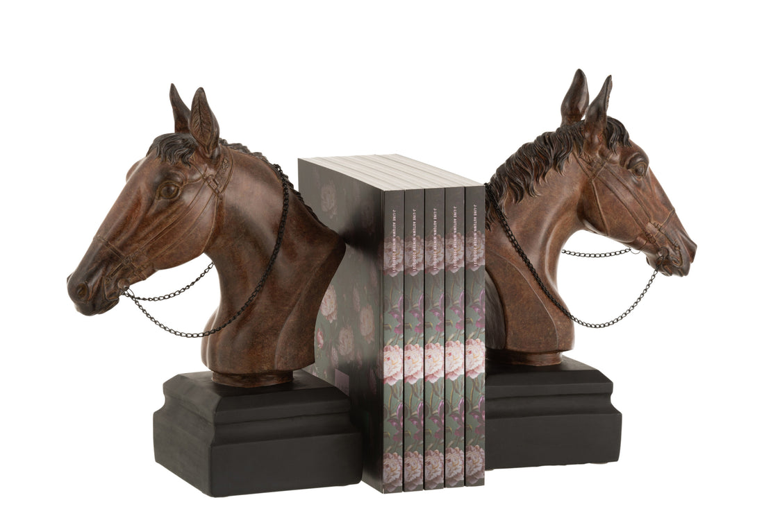 J-Line boekensteun Paard - polyresin - bruin - 2 stuks