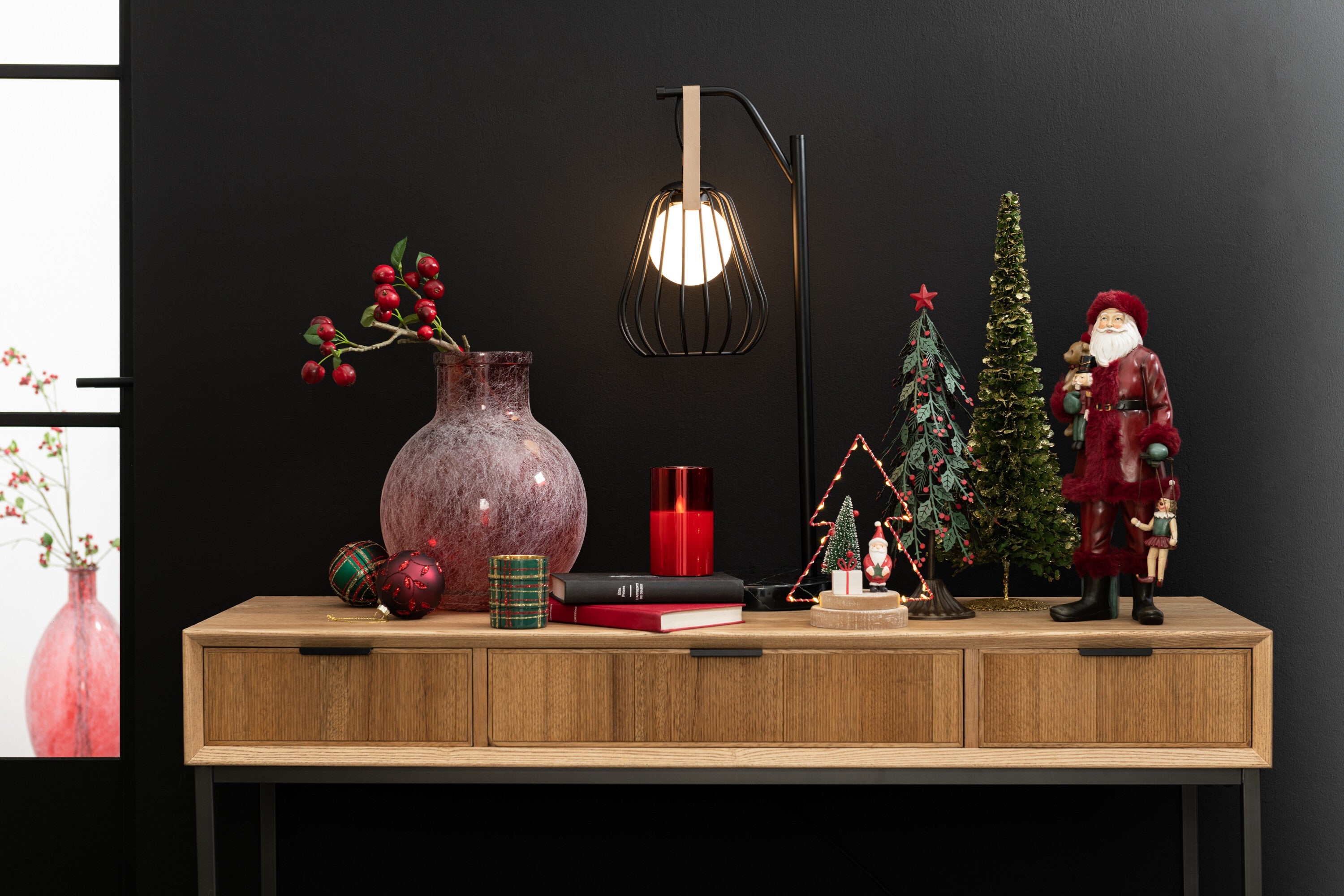 J-Line Kerstboom op voet bladeren metaal groen/rood klein