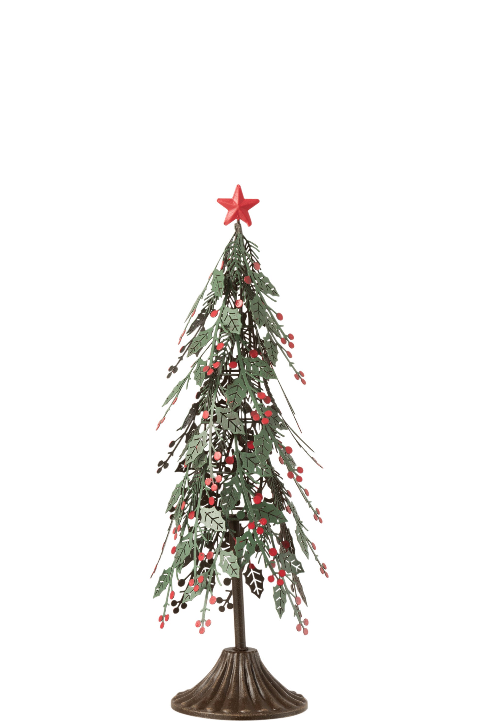 J-Line Kerstboom op voet bladeren metaal groen/rood klein