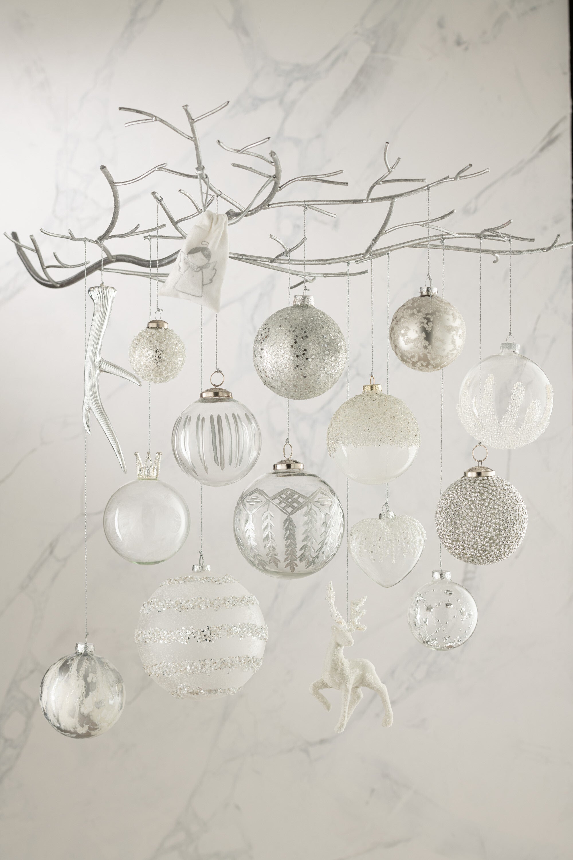 J-Line Doos met 6 kerstballen kroon veer wit glas helder klein