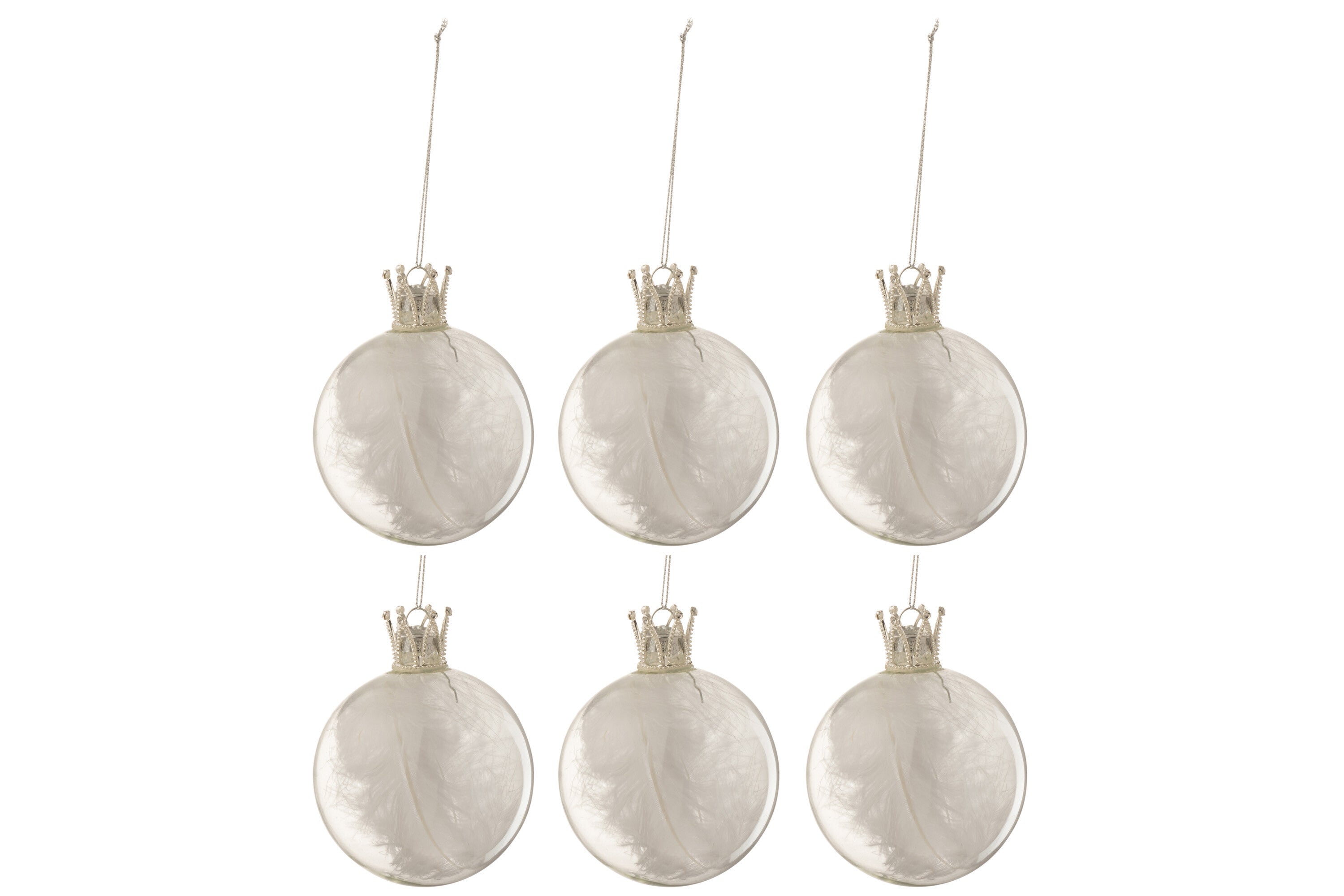 J-Line Doos met 6 kerstballen kroon veer wit glas helder klein