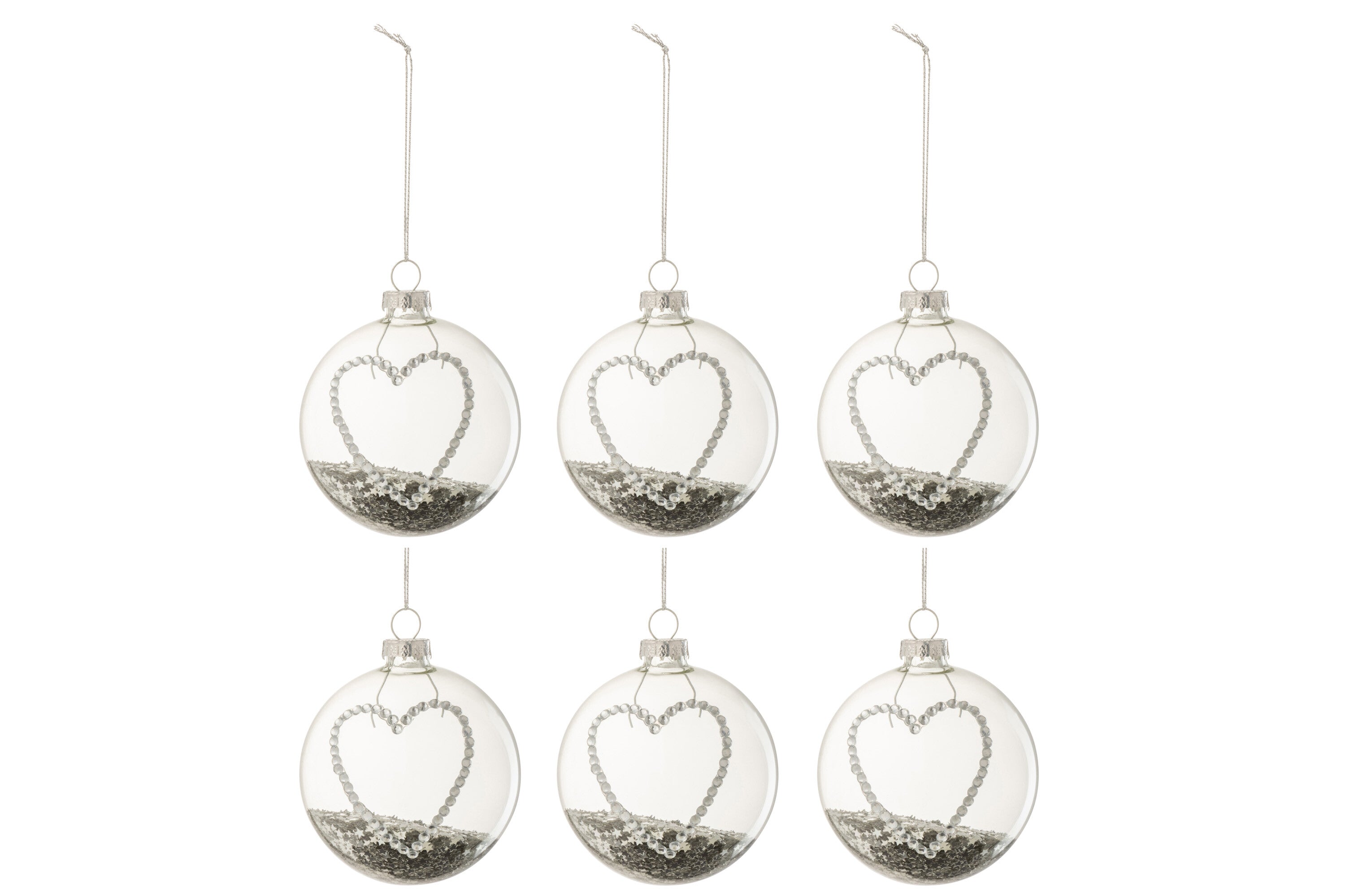 Doos van 6 kerstballen Hart Strass Zilveren Sterren Glas Helder Klein