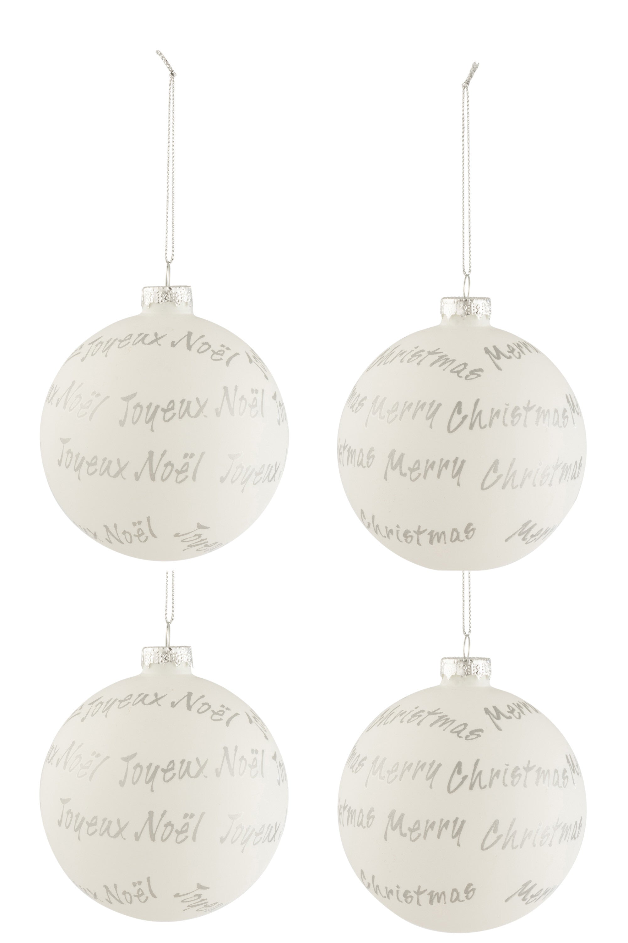 J-Line Doos met 4 kerstballen Xmas/Noel Glas Wit/Zilver Medium