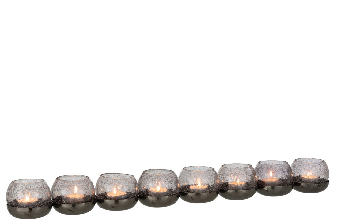 J-Line Theelichthouder 8 Bol Craquele Glas/Stainless Steel Zwart