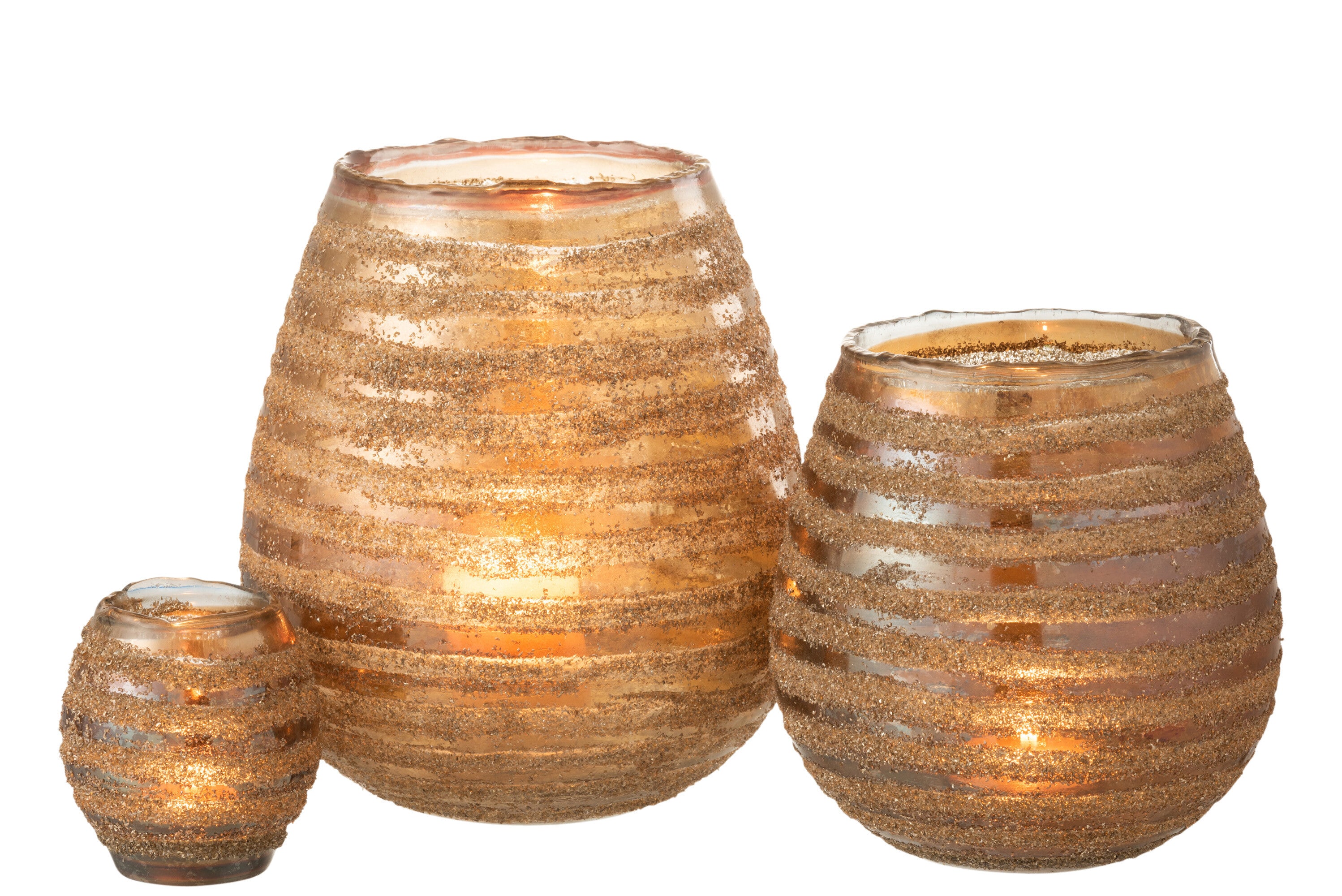 J-Line Theelichthouder Streep Rond Glas Bruin Large