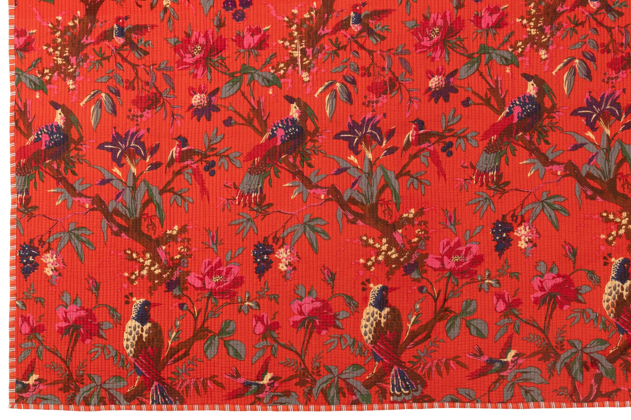 Geruite Vogels/Bloemen Katoenen Fluweel Oranje