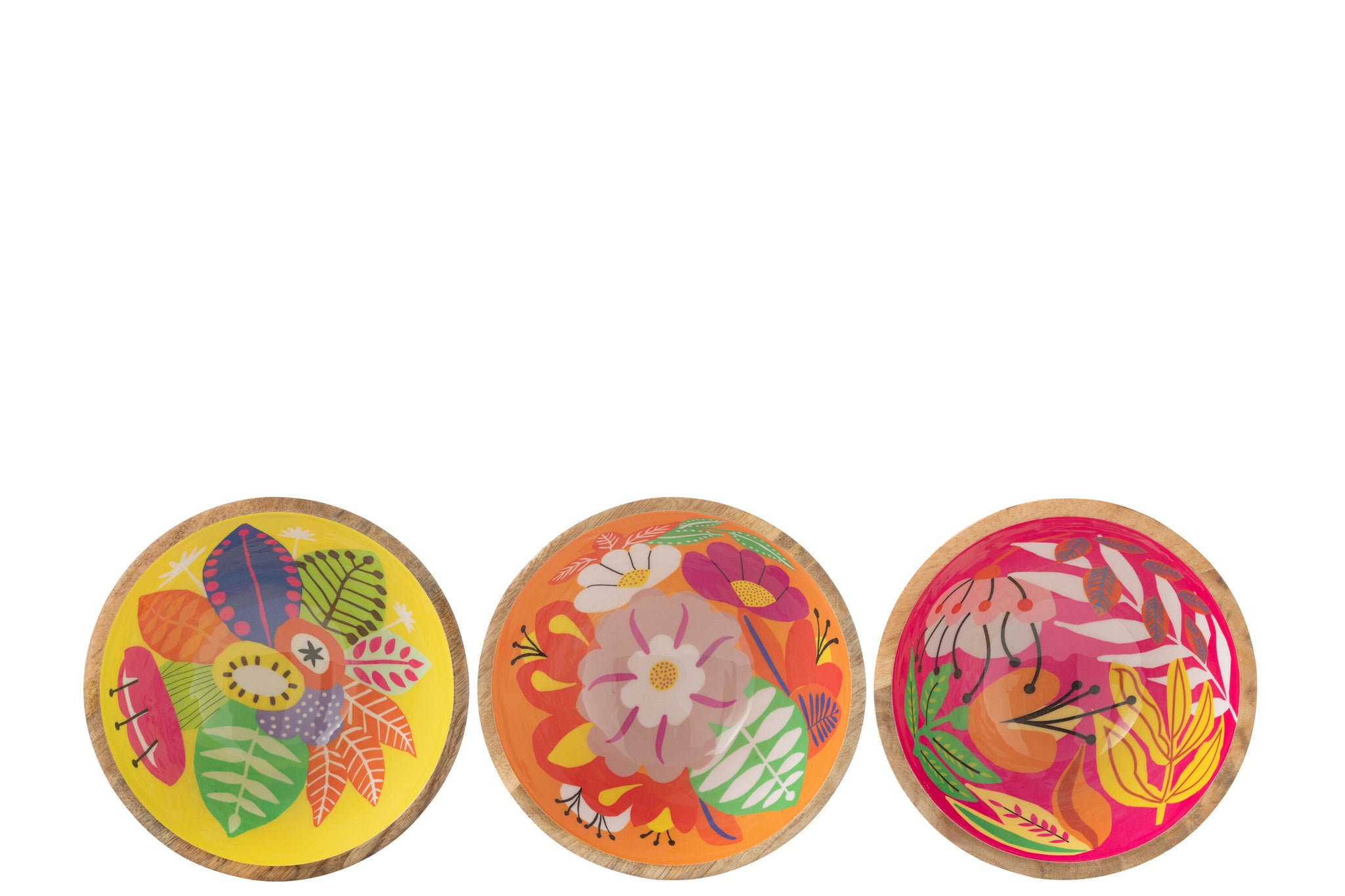 Kom Floral Pattern Mangohout Roze/Oranje/Geel Middel Assortiment Van 3