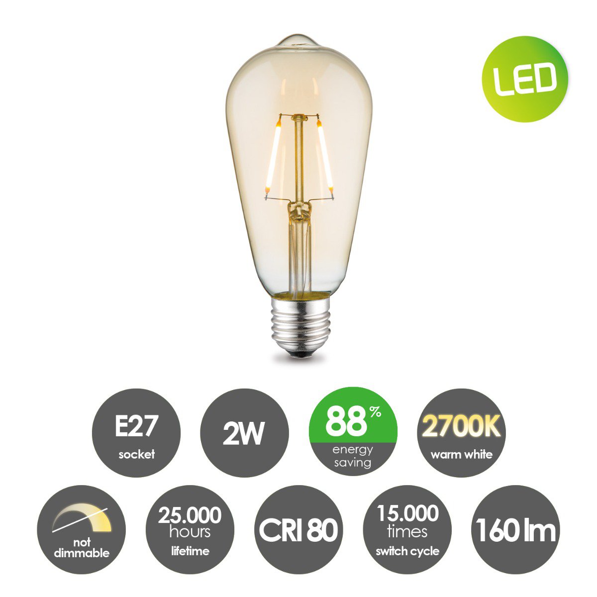 Led Drop Deco E27 ST64 2W 160Lm 2700K Amber