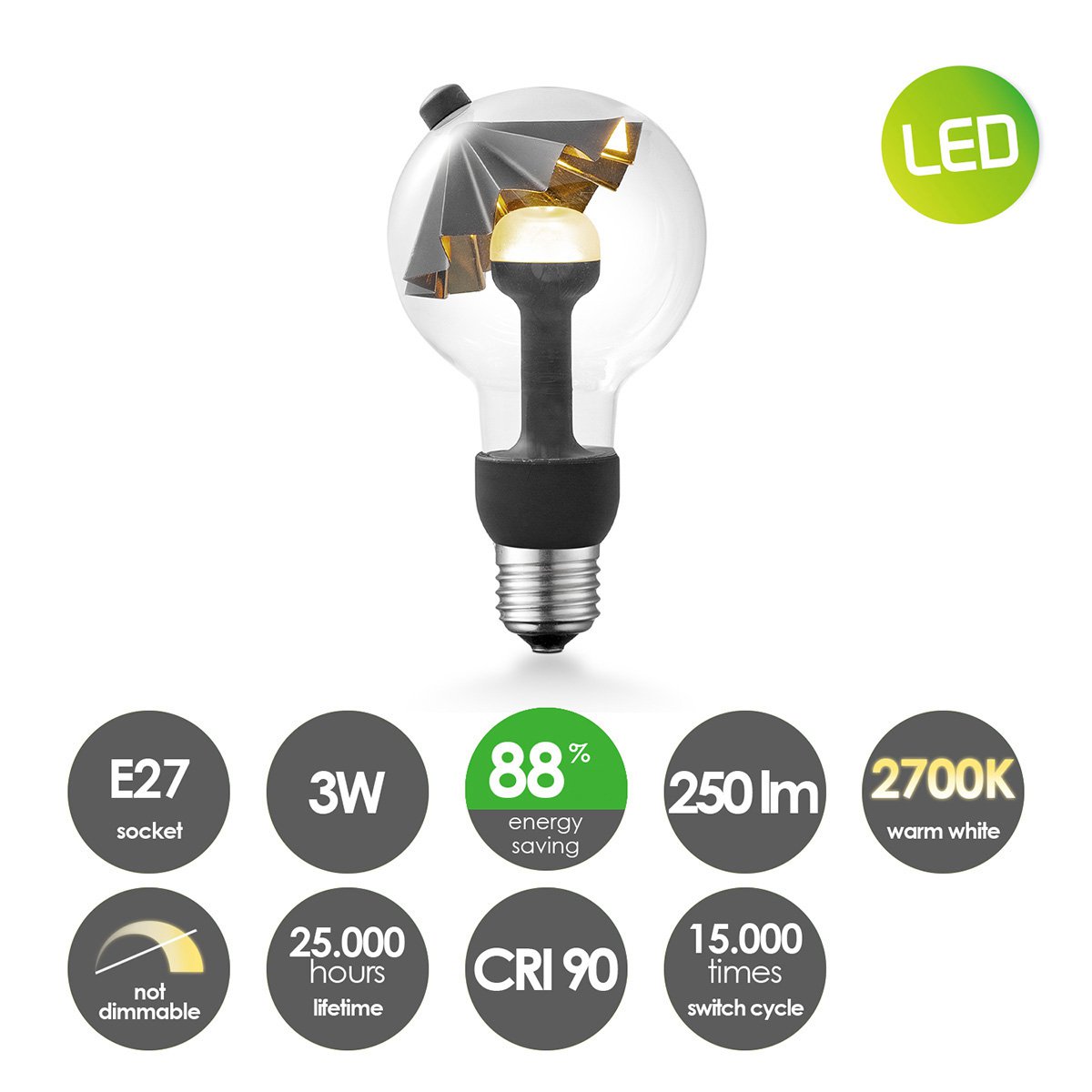 LED lamp Umbrella zwart-goud G80 E27 3W 220Lm 2700K