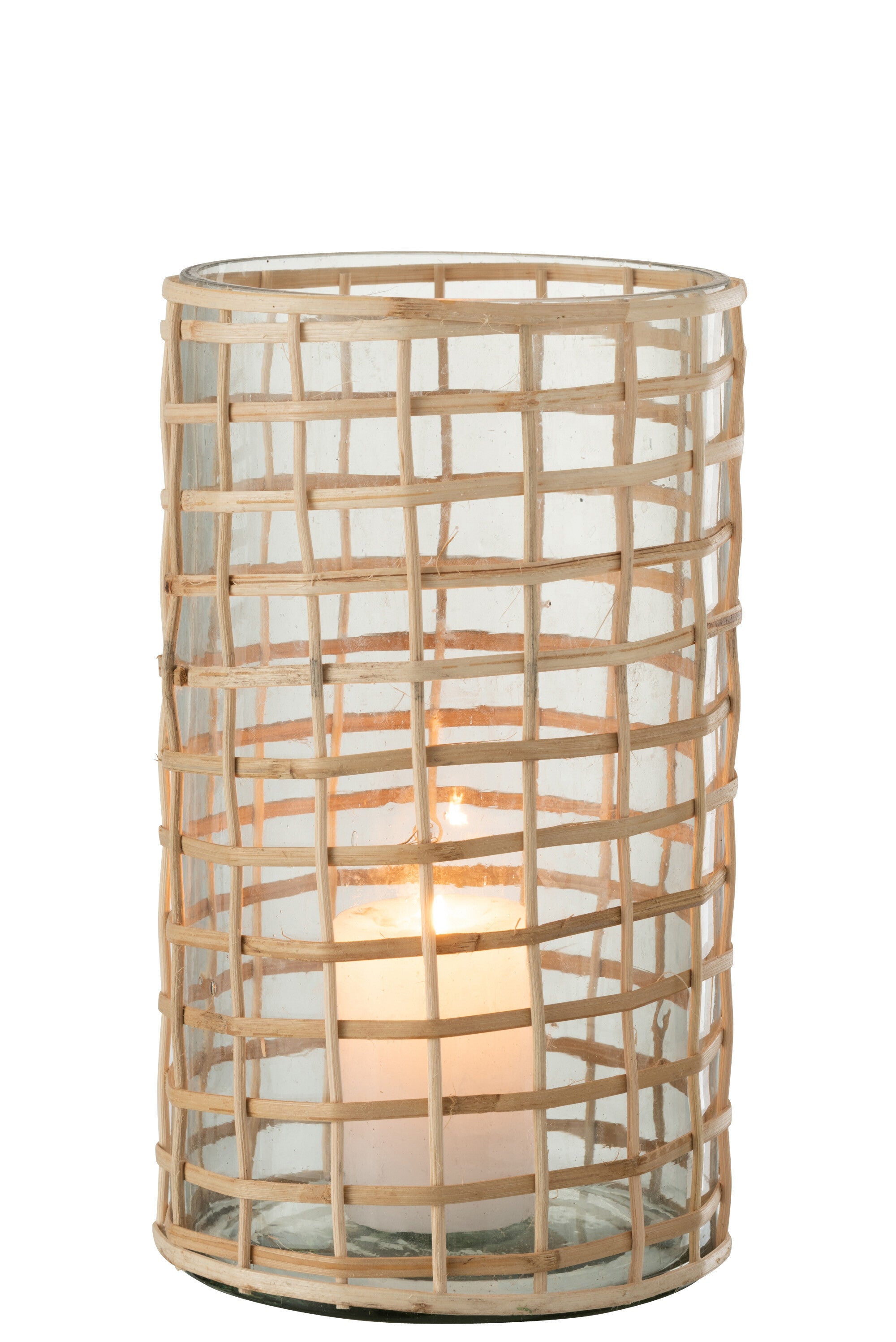 J-Line Lantaarn Violet Glas/Riet Naturel Groot