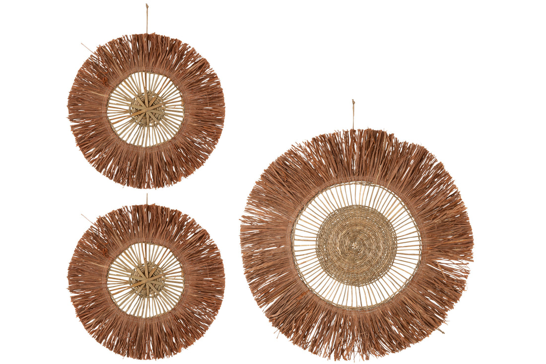 Set van 3 wanddecoraties rond riet raffia bruin