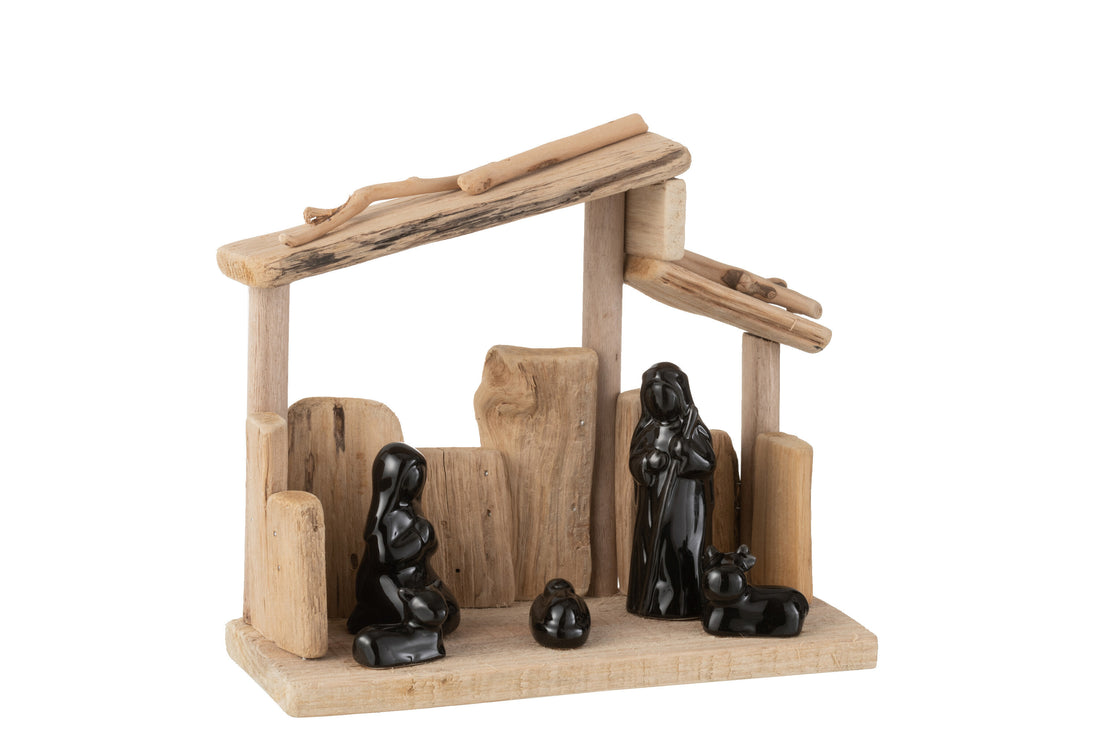 J-Line kerstdecoratie - hout/keramiek - naturel
