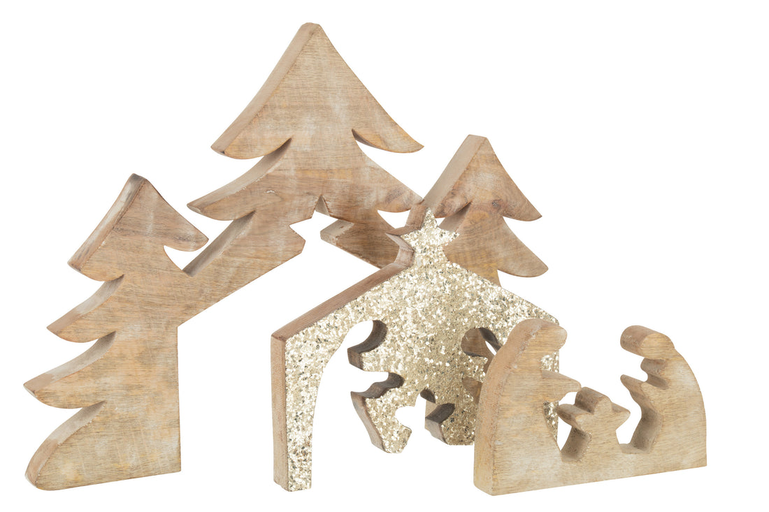 J-Line Puzzel Kerststal Mango Hout Glitter L