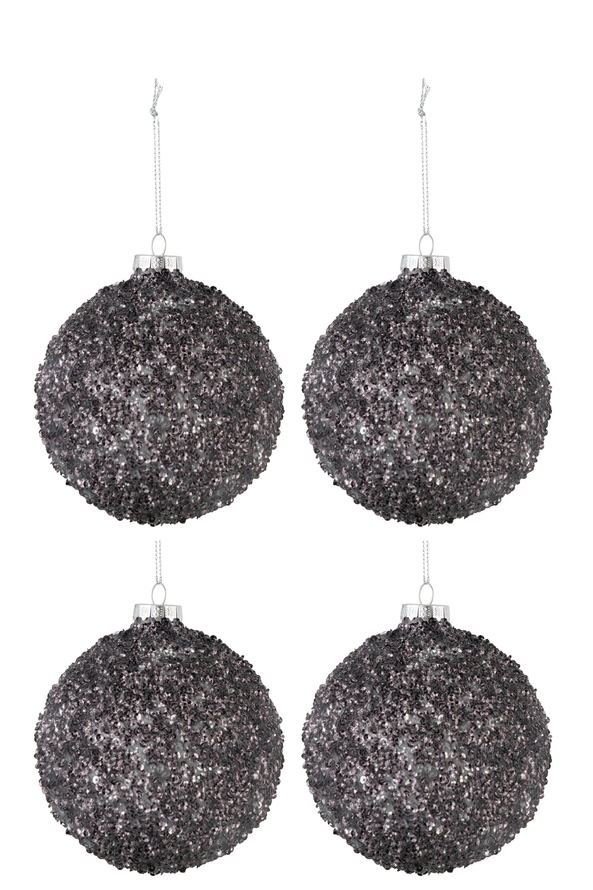 Doos van 4 kerstballen glitterglas antraciet grijs medium