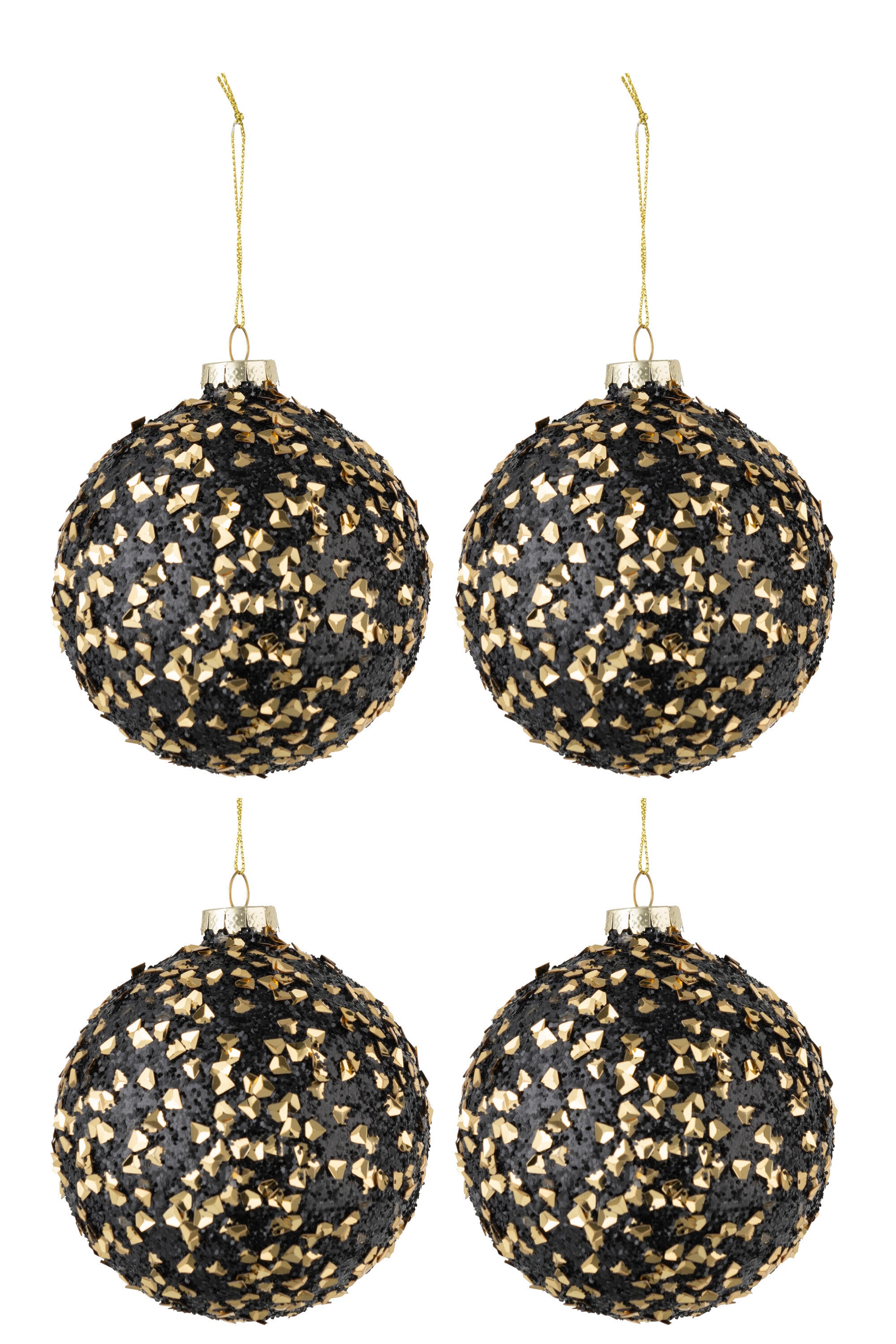 Box Of 4 Christmas Baubles Glitter Sequins Glass Black Gold Medium