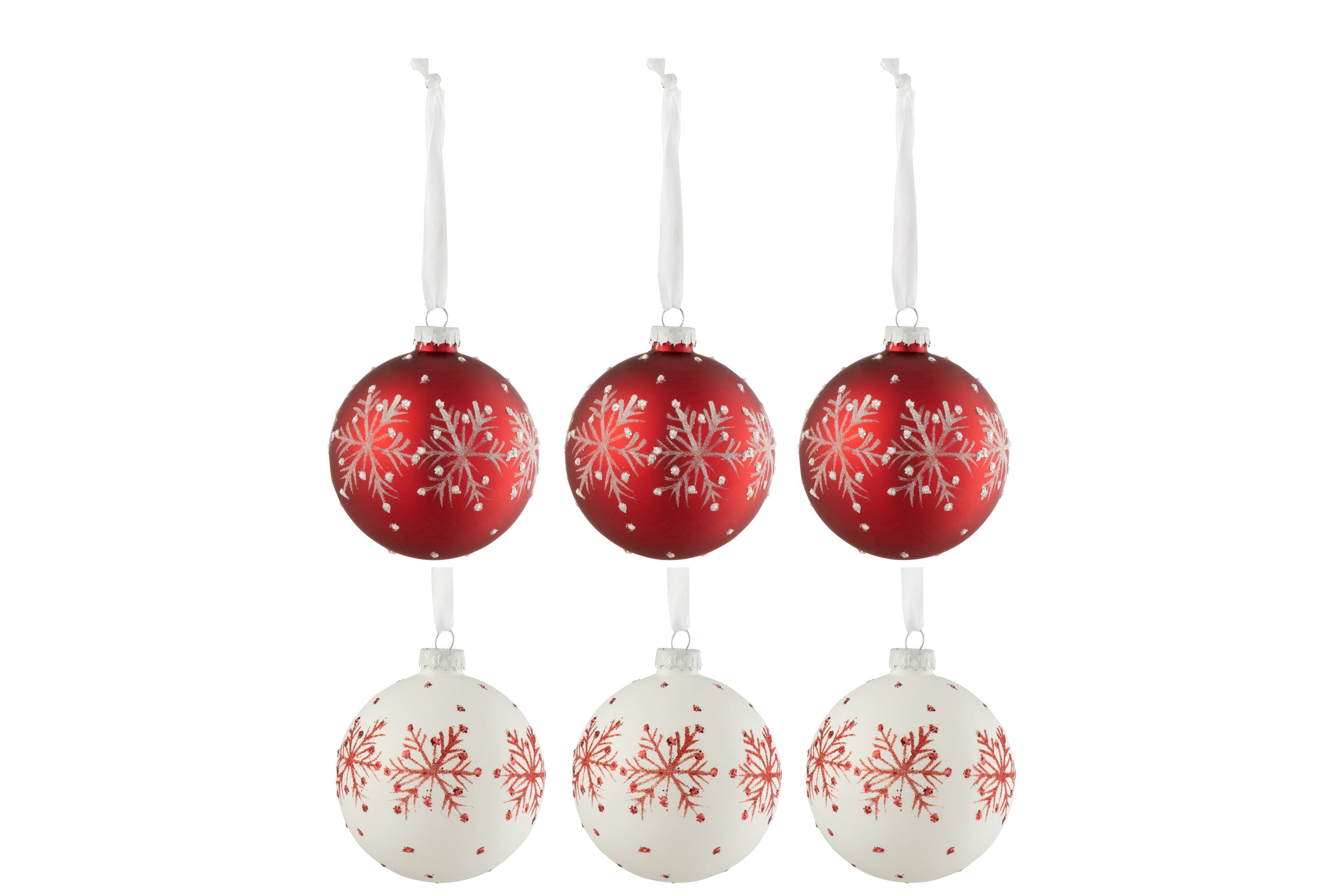 Box Of 6 Christmas Baubles Snowflakes Glitter Glass White/Red Small