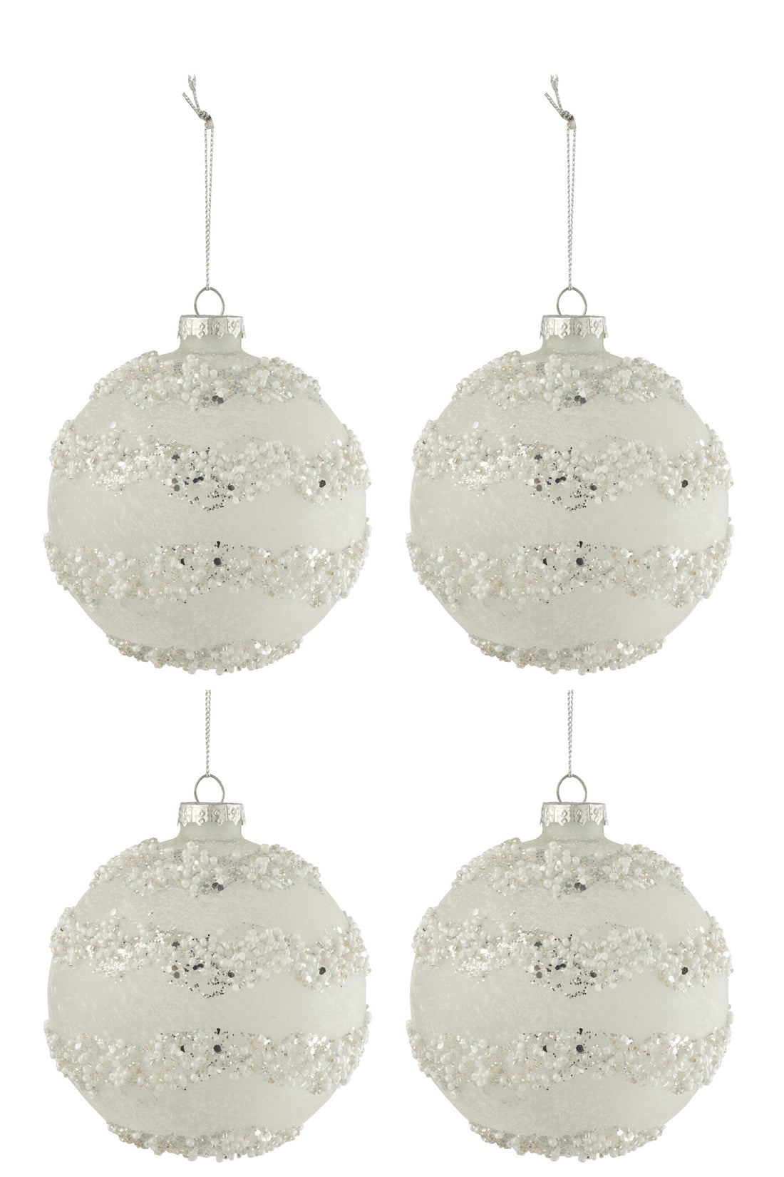 J-Line Doos met 4 kerstballen lijnen glitter + parels wit/zilver glas mat wit medium