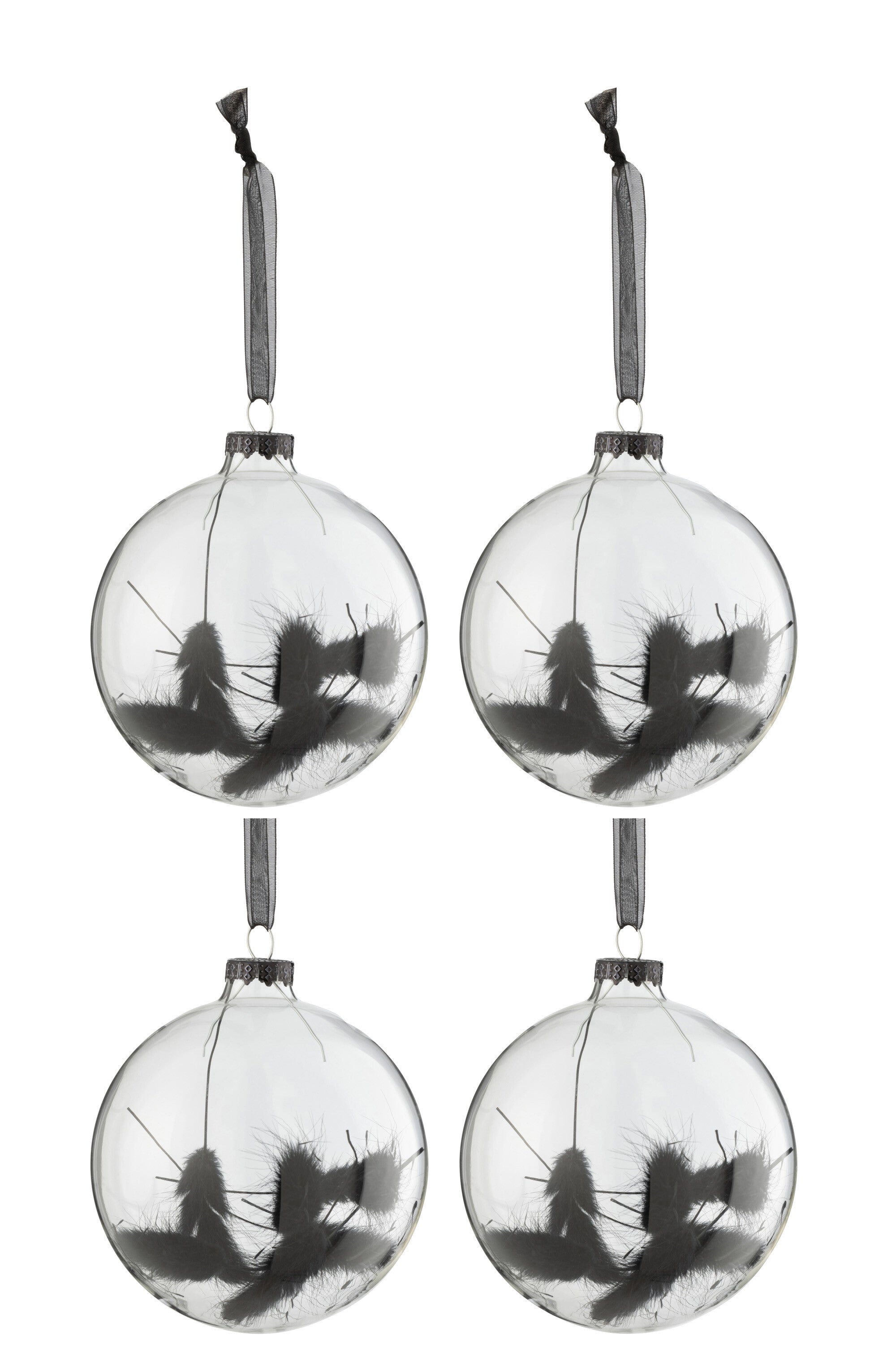 J-Line Doos met 4 kerstballen rond gedroogde hazenstaart zwart glas transparant medium