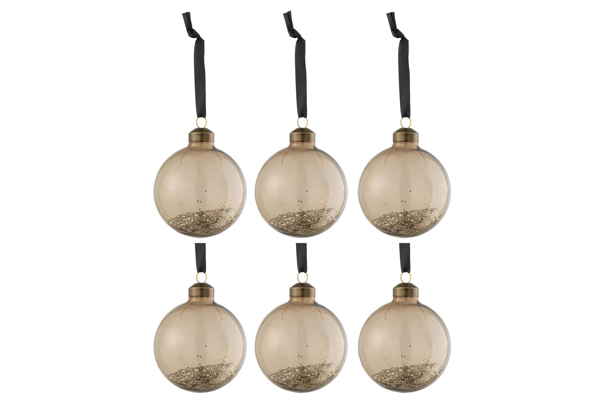 J-Line Doos met 6 kerstballen glitter binnenin glas bruin