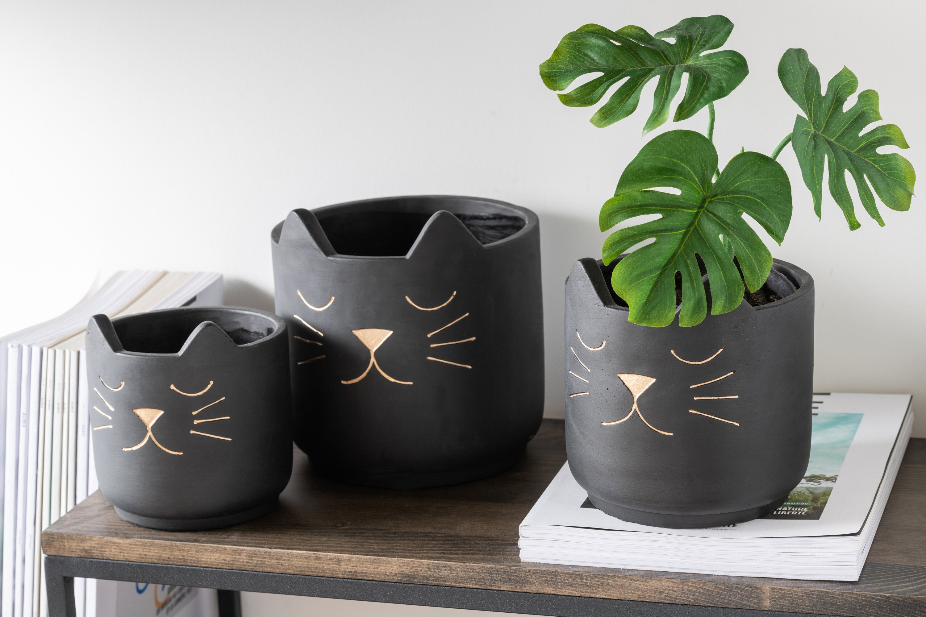 J-Line Bloempot Kat - keramiek - zwart/ goud - S - ? 14 cm