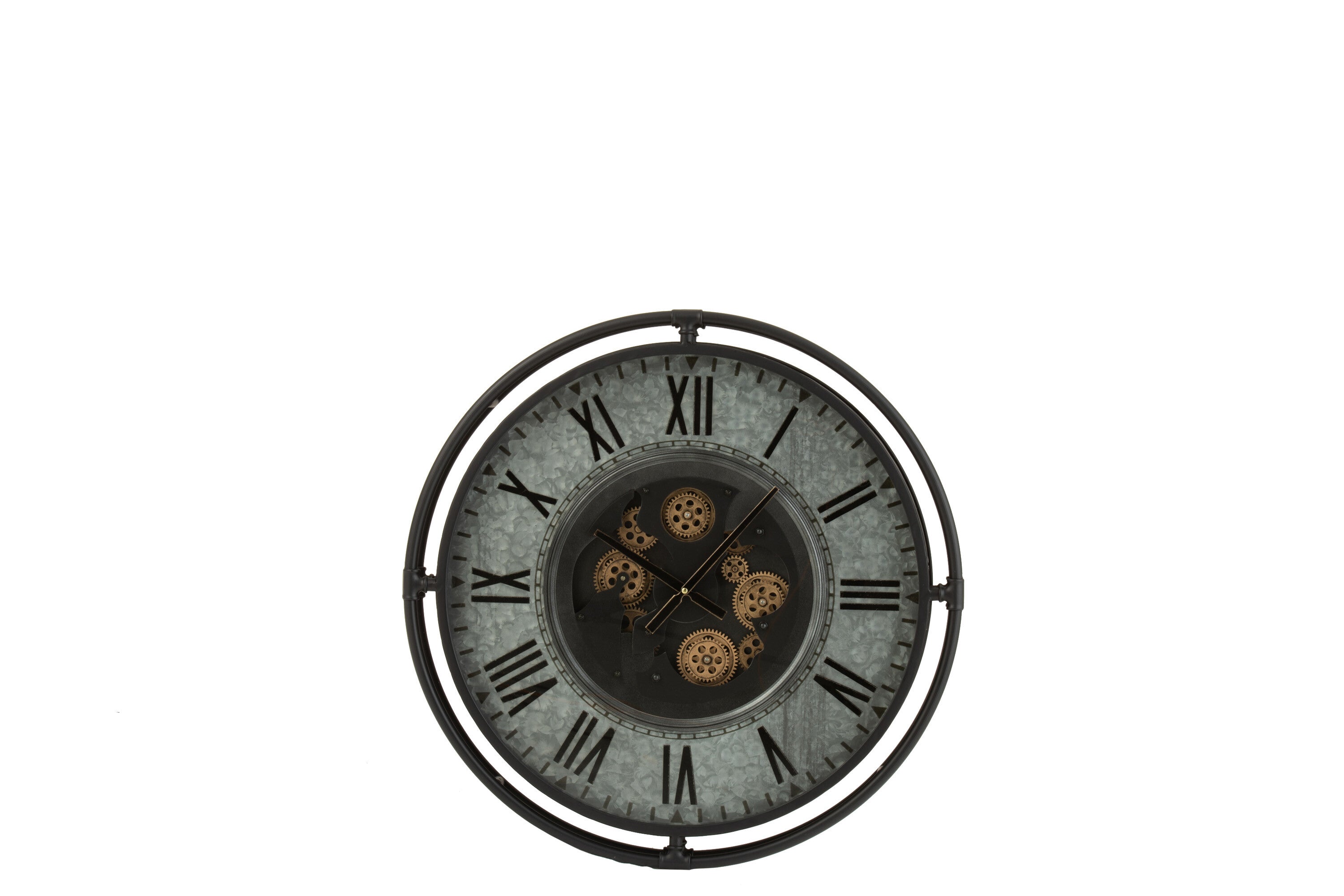 Klok met metalen rand, Romeinse cijfers, metaal grijs/zwart/goud, klein.