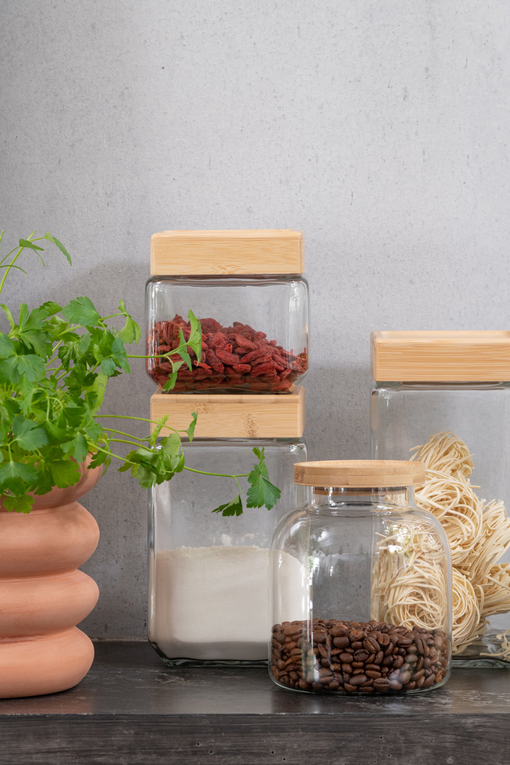 J-Line Pot In Glas Tom Glas/Bamboo Transparant/Naturel Small