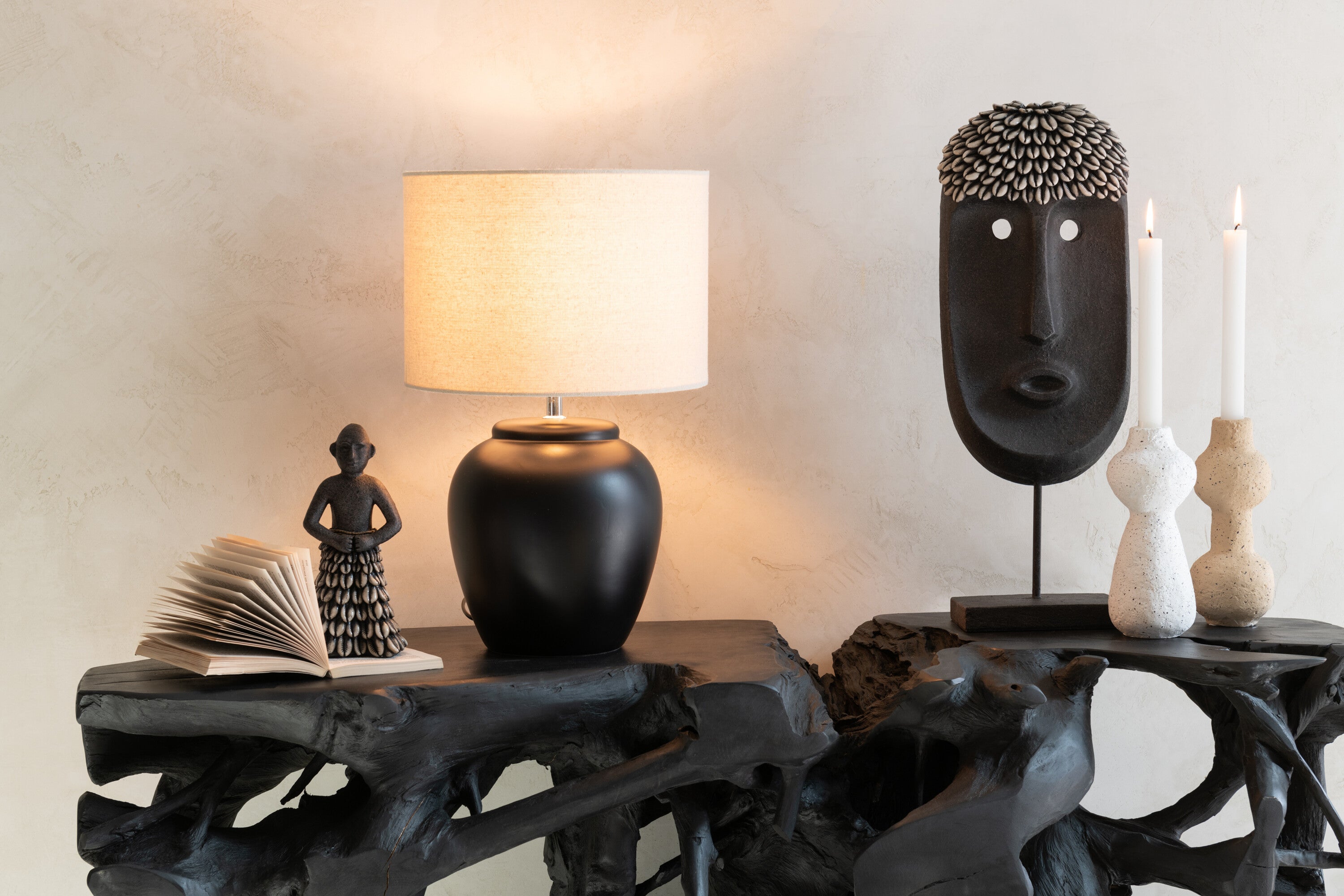 J-Line Lamp Meli + Kap Keramiek Linnen Zwart Small