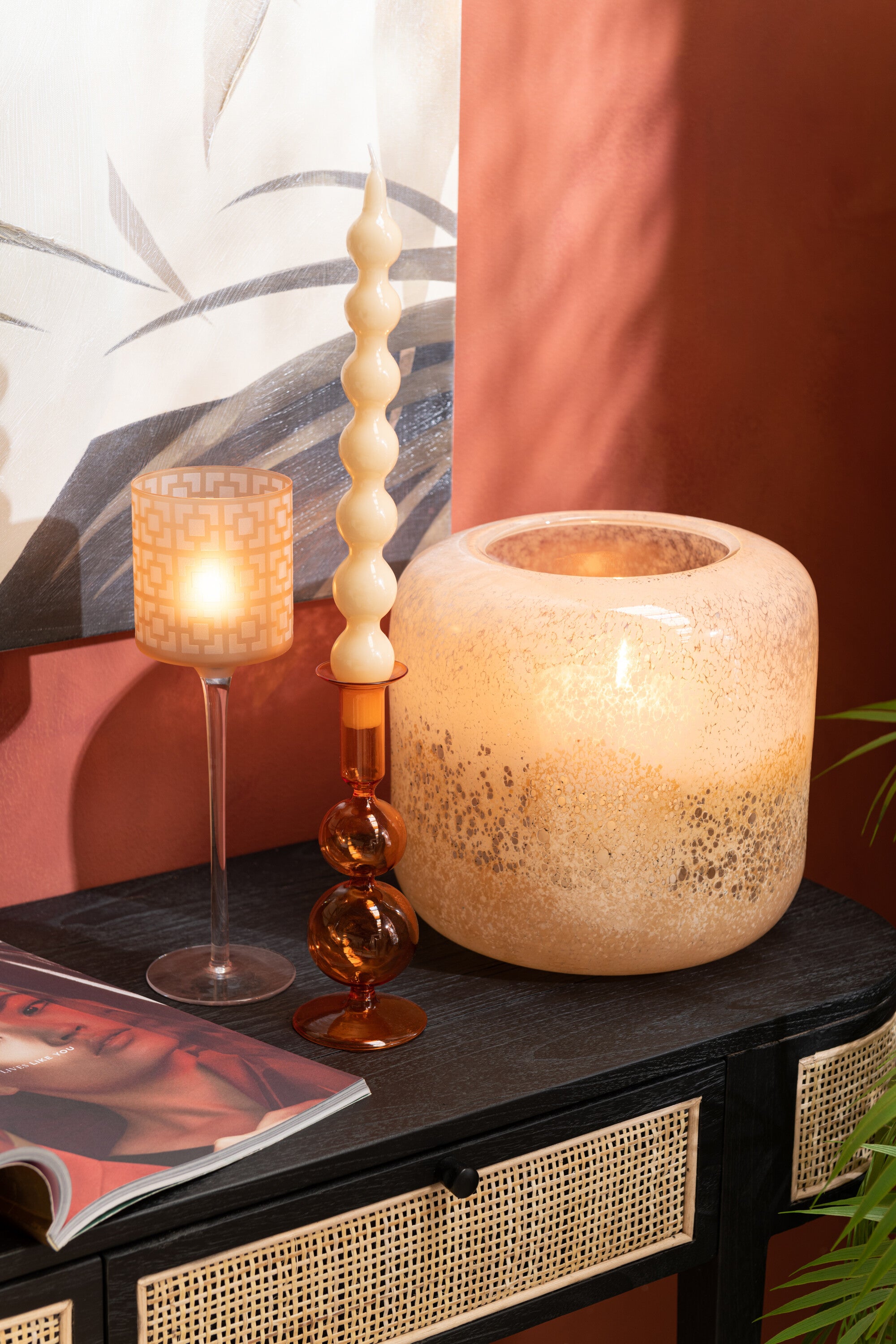 J-Line Theelichthouder On Voet Glas Beige Small