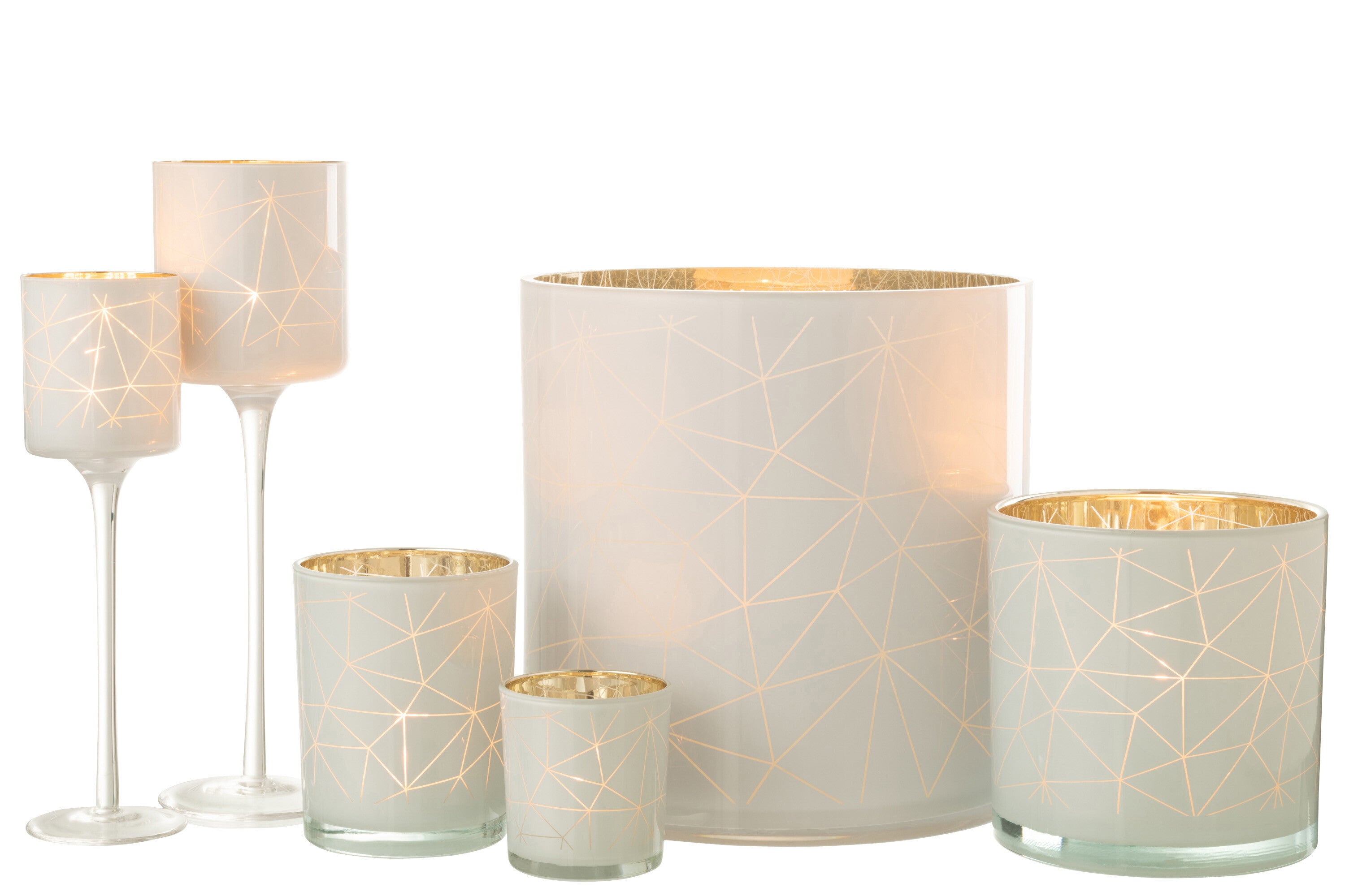 J-Line Theelichthouder Op Voet Milano Glas Wit/Goud Large