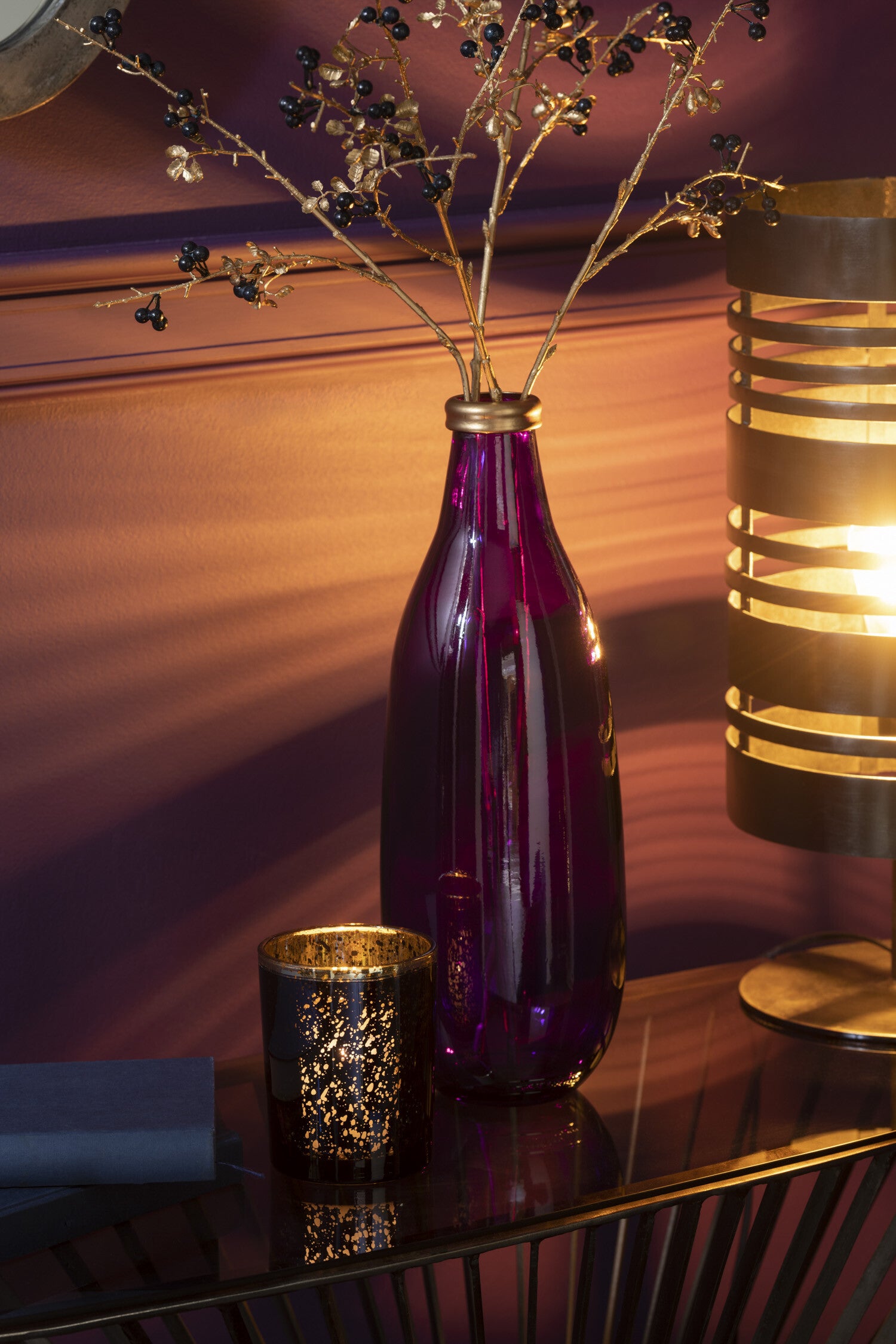 J-Line Vaas Goud Boord Glas Paars Medium - 40.00 cm hoog