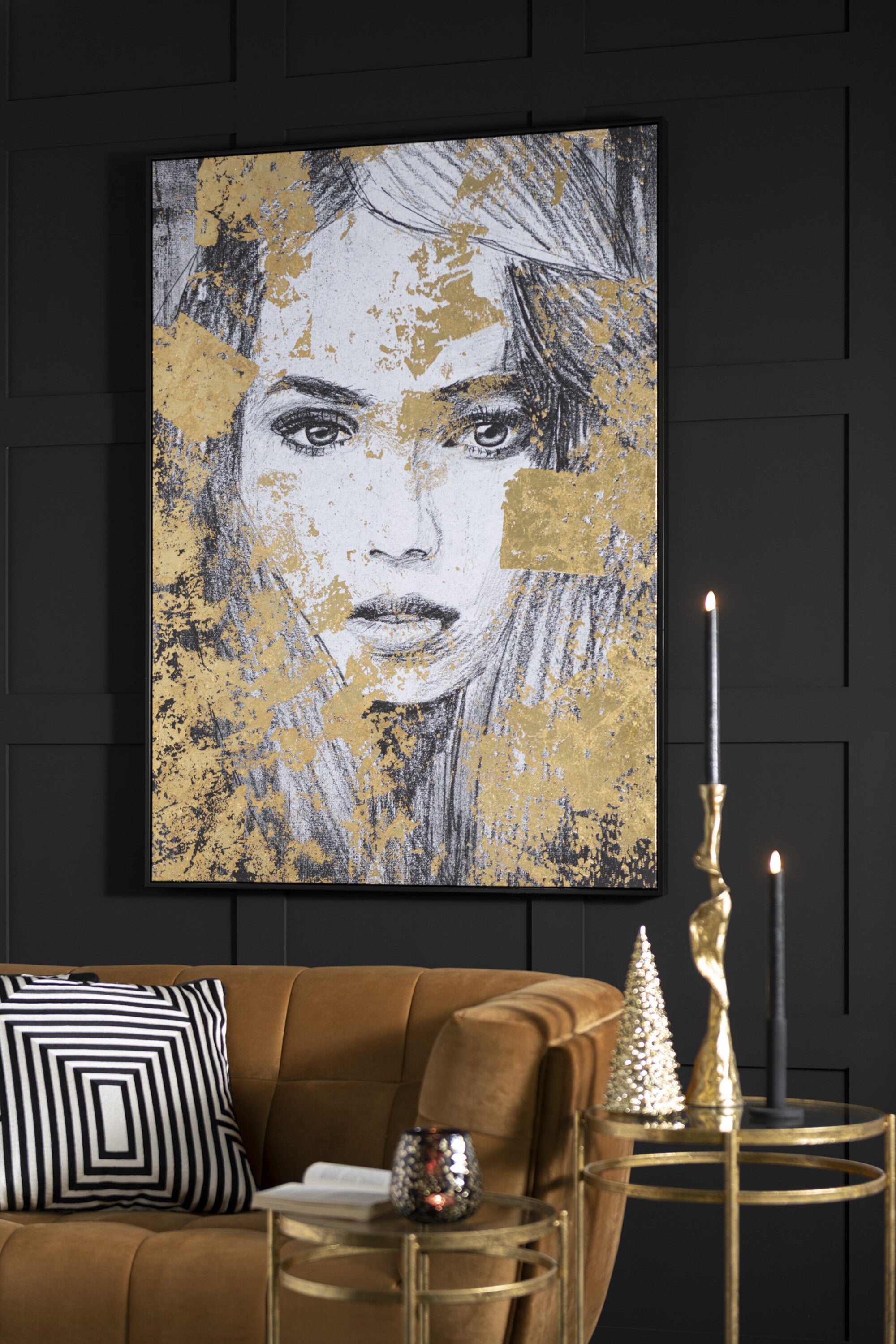 Wanddecoratie Vrouw Canvas/Poly Zwart/Goud