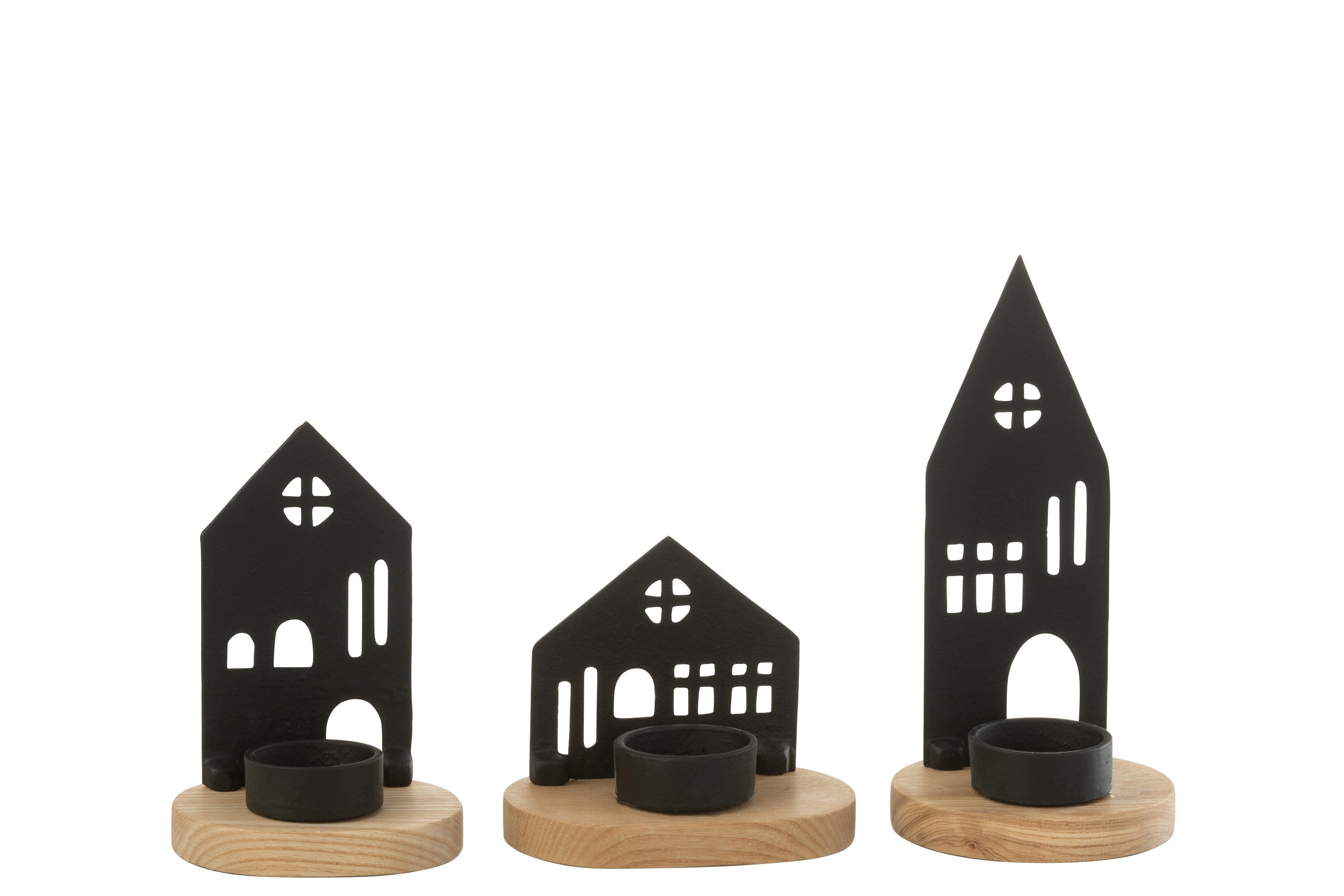 Kaarsenhouder Huis Aluminium/Hout Zwart/Natuurlijk Assortiment Van 3