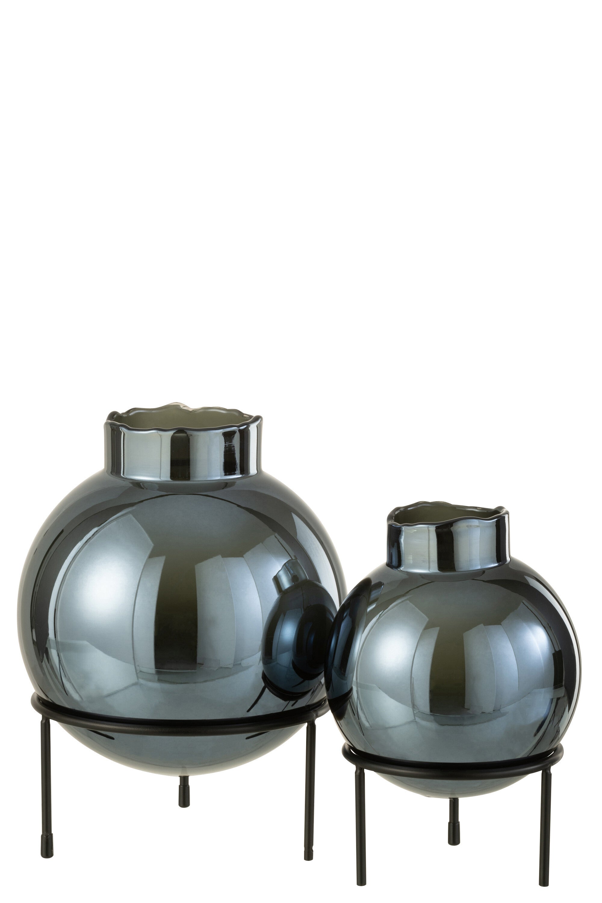 J-Line Vaas Bol Glas/Metaal Blauw/Zwart Large - 27.00 cm hoog