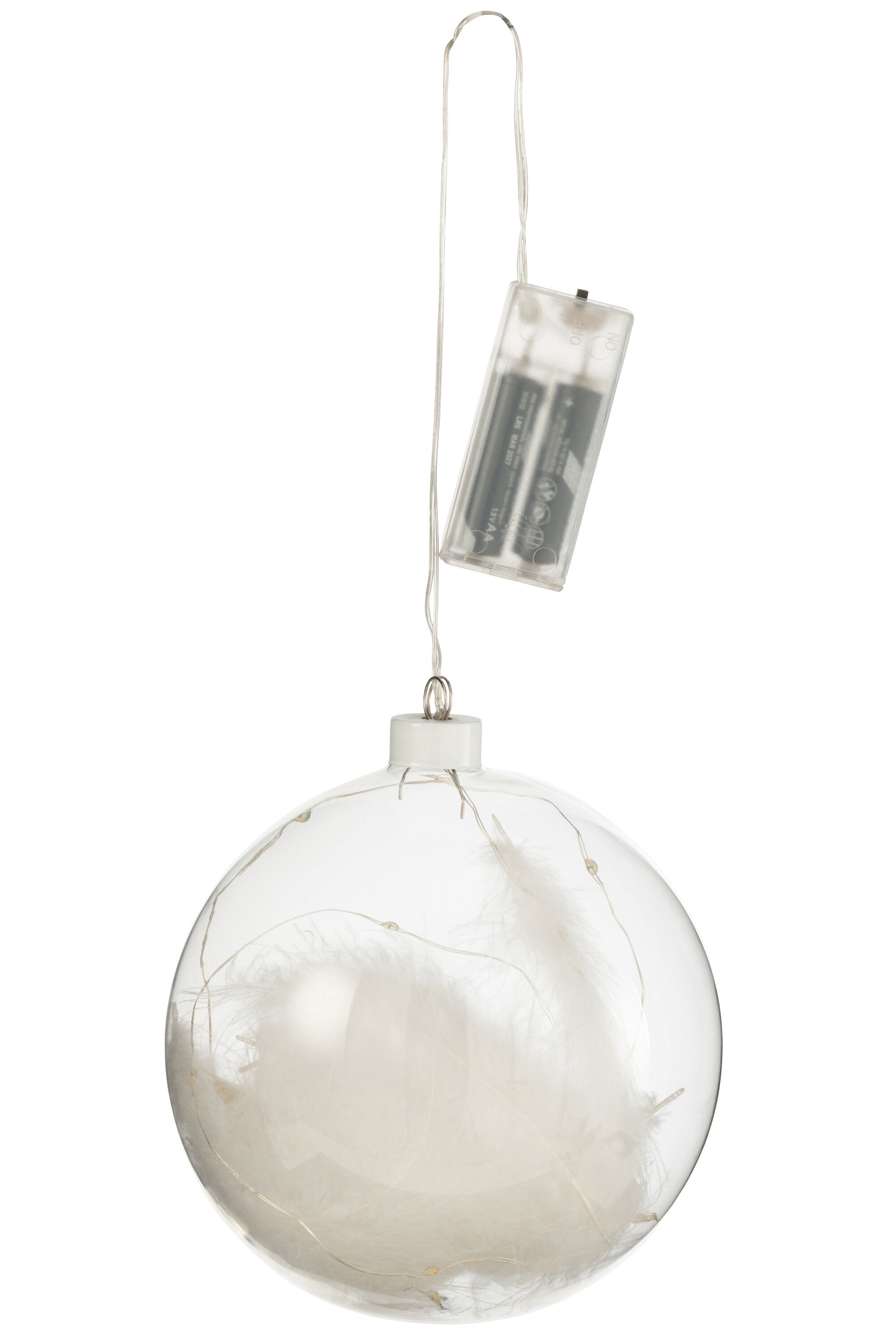 J-Line Bal Deco Pluimen+Led Lichtjes Glas Wit Large