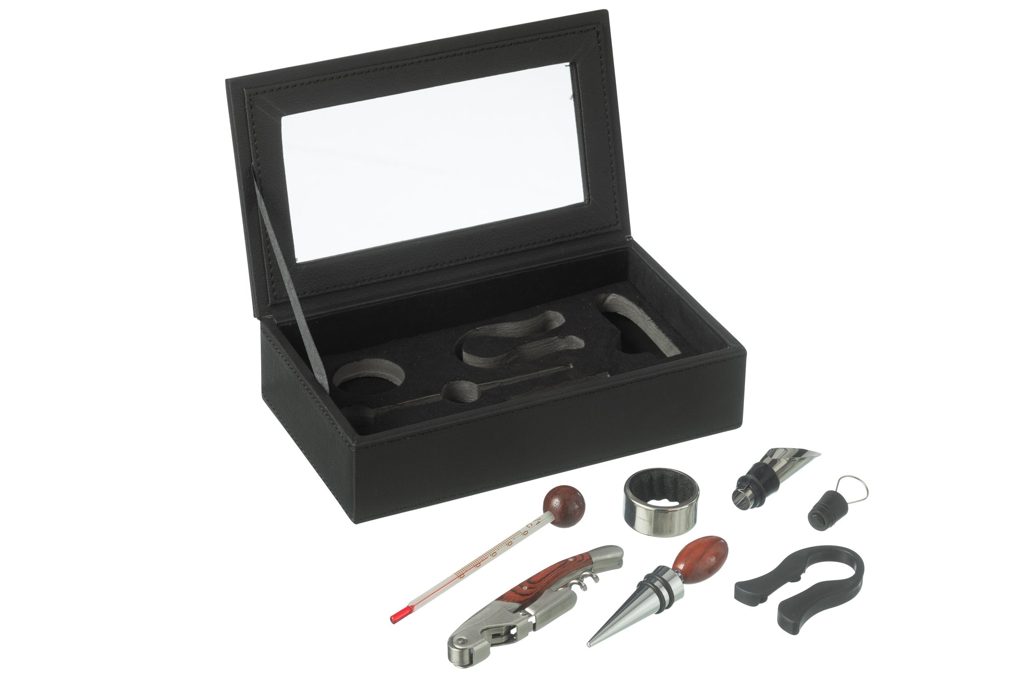 Doos 6 Wijnaccessoires Nep Leer Zwart