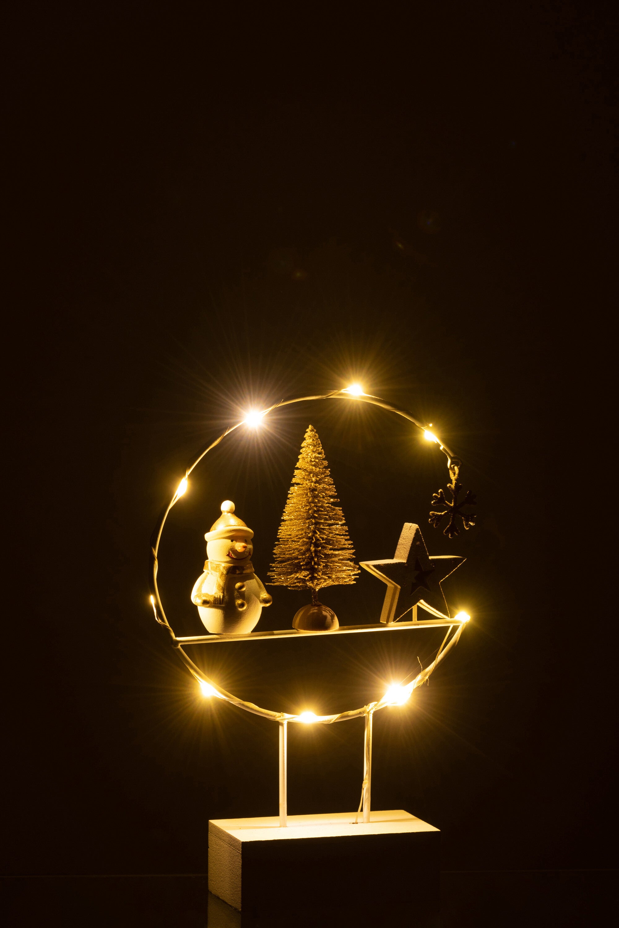 J-Line Semicirkel Op Voet+Led Sneeuwman Hout Wit/Goud