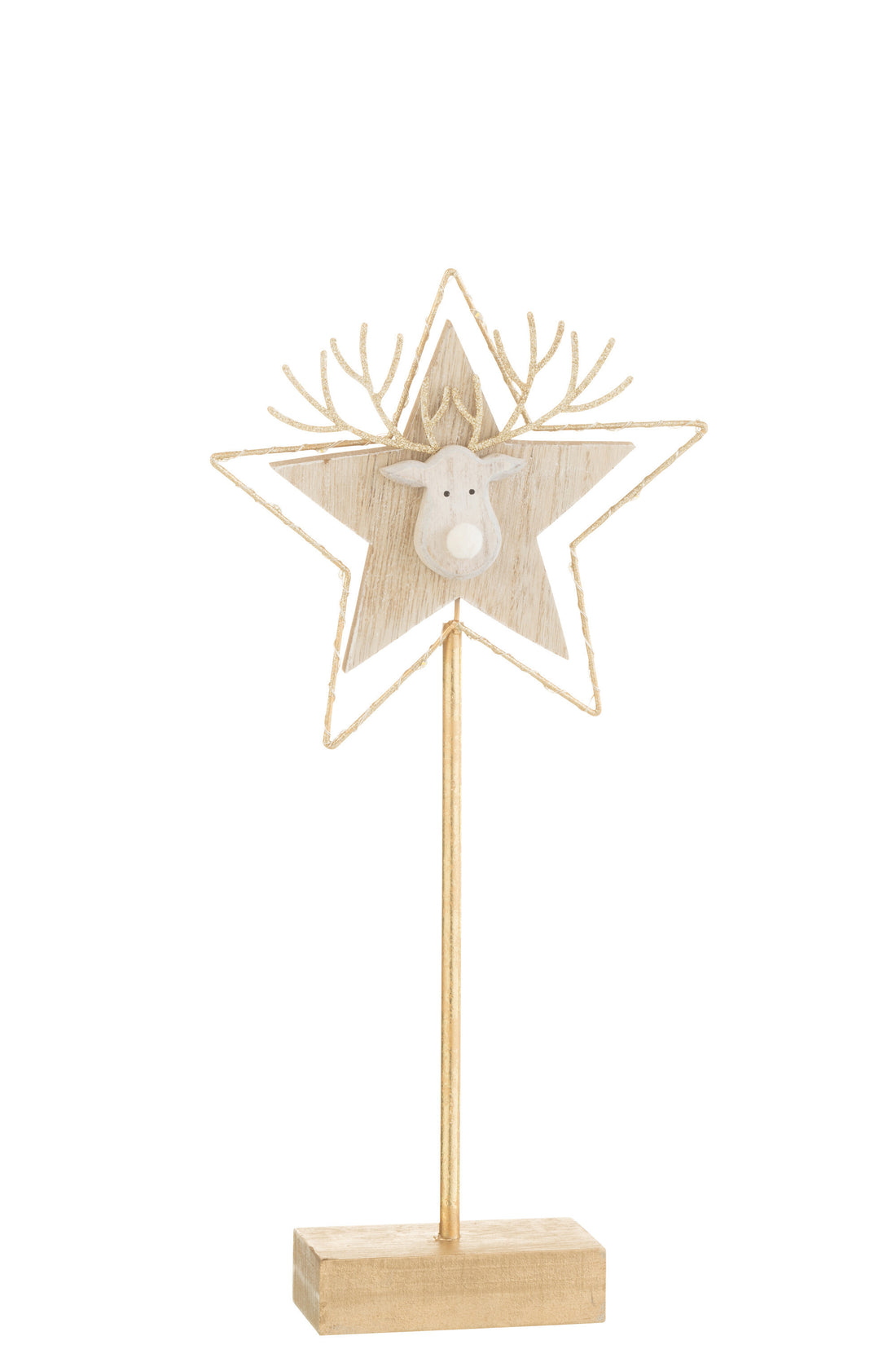 Rendier/Ster Op Voet + Led Hout Goud/Wit Klein