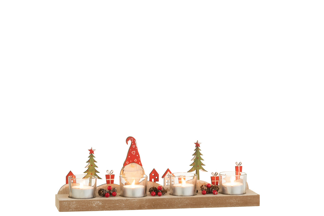 J-Line Theelichthouder Kerstmis 4 stuks Kerstman Hout/Metaal