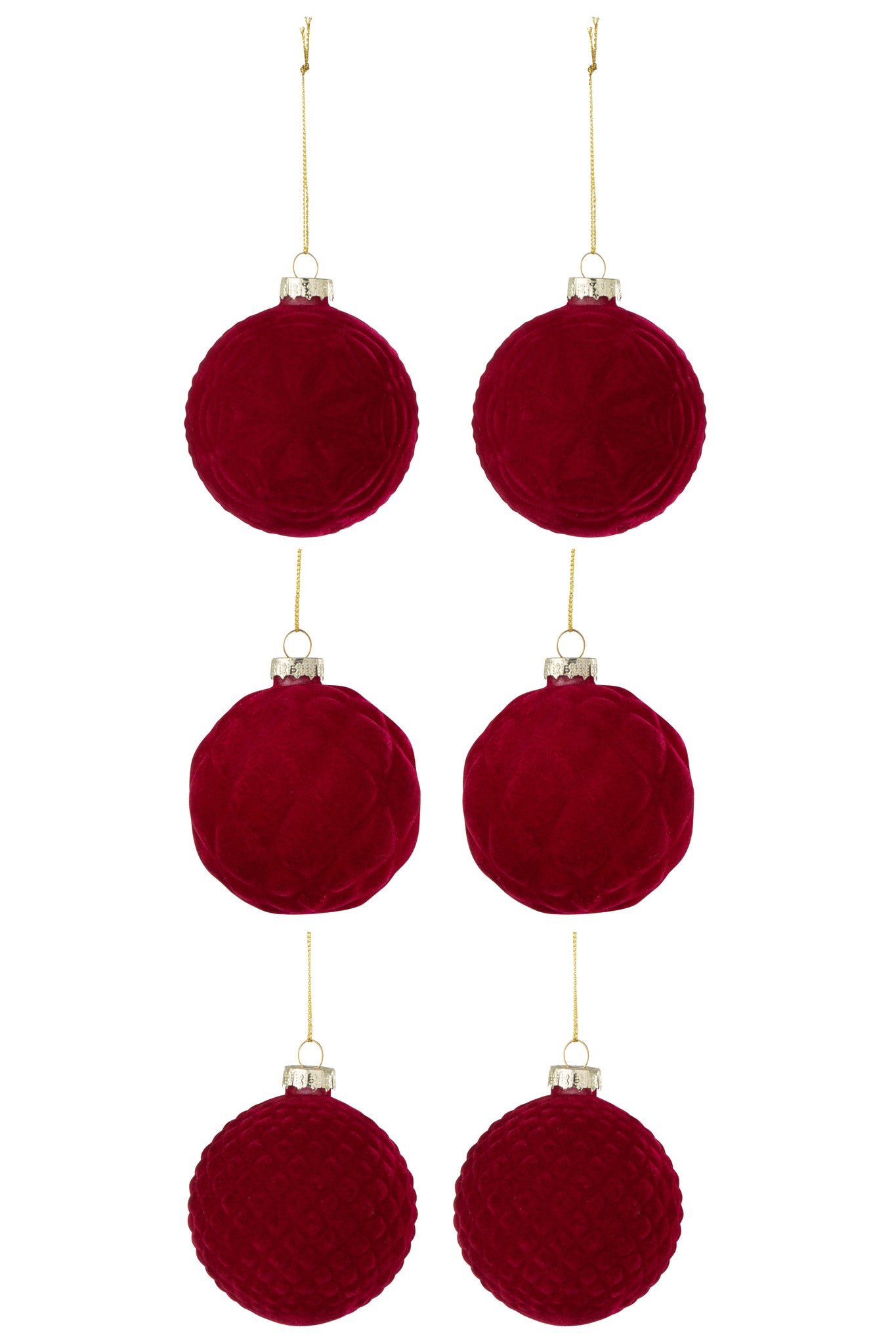 Doos met 6 kerstballen 2+2+2 fluweel rood klein