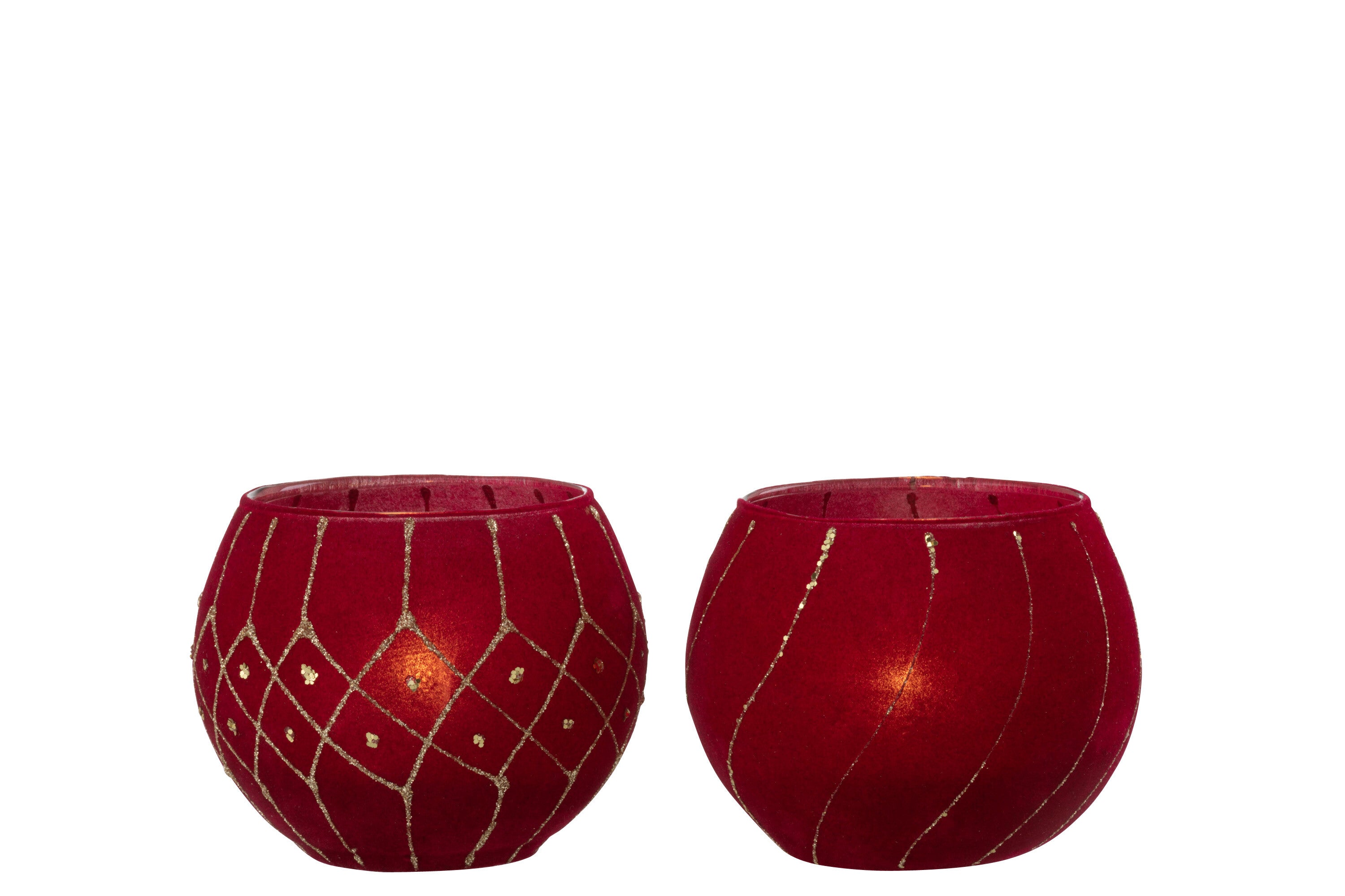 J-Line kaarshouder lijnen/geruit - fluweel - rood/goud- 2 stuks