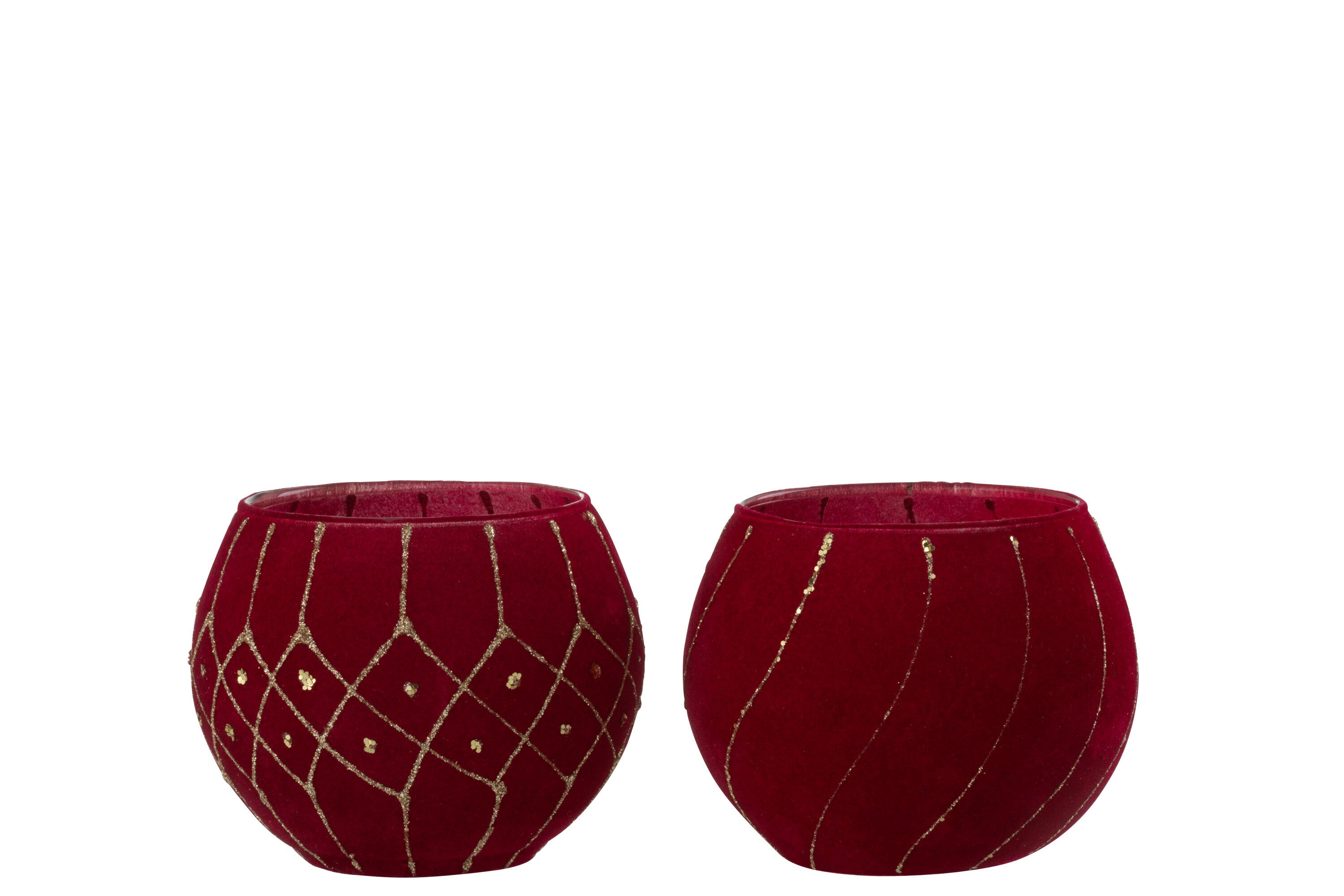 J-Line kaarshouder lijnen/geruit - fluweel - rood/goud- 2 stuks