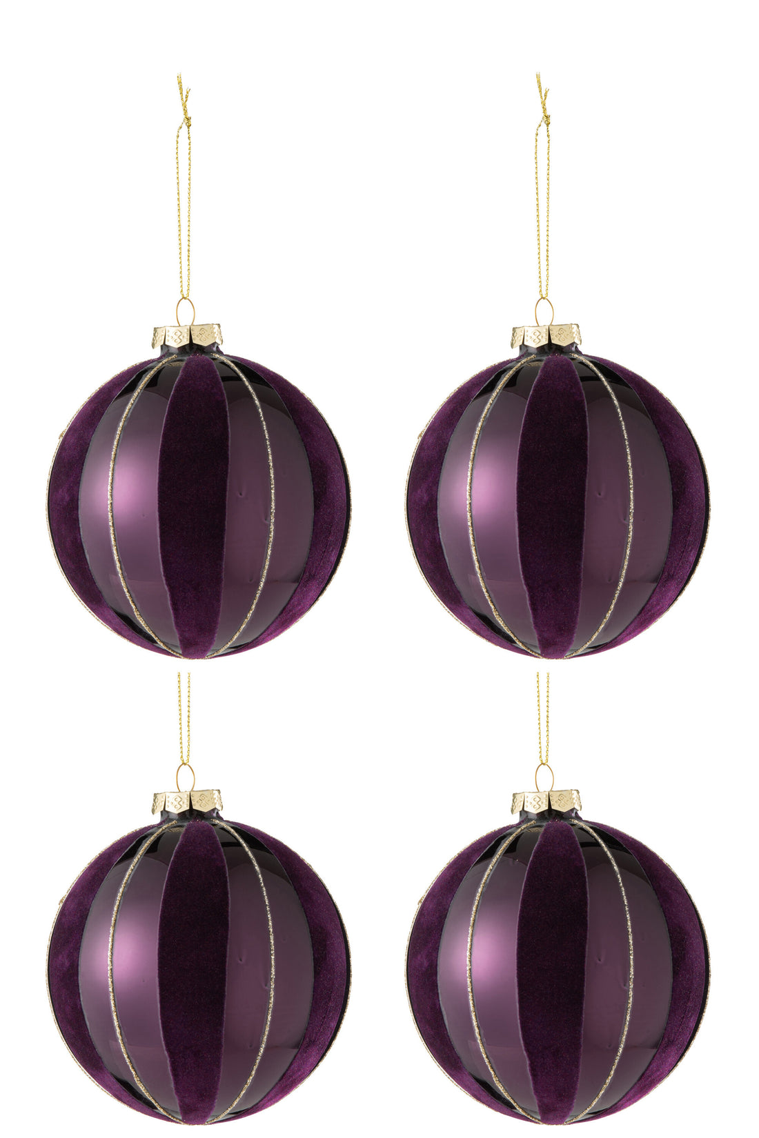 Doos met 4 kerstbal lijnen fluweel/glas mauve/goud