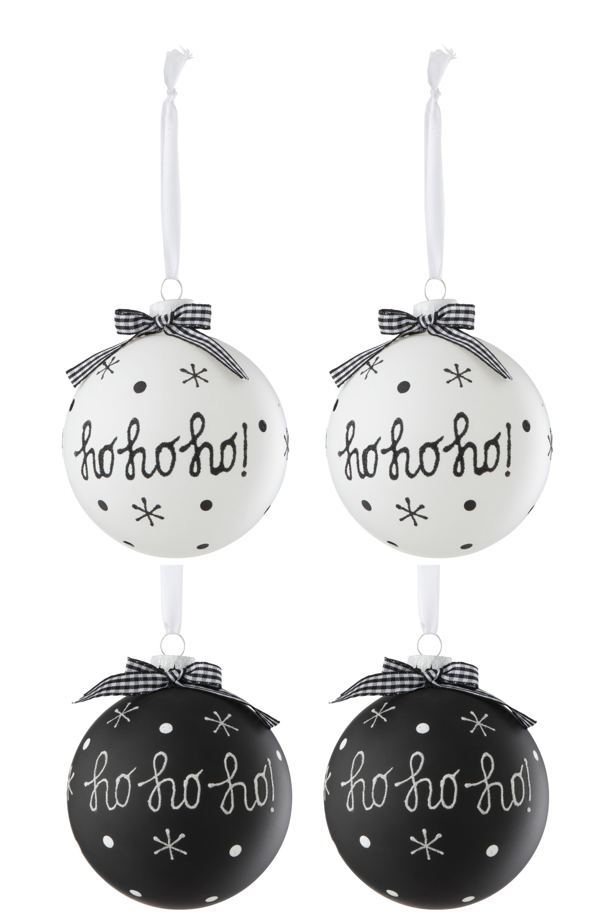 J-Line Doos met 4 kerstballen 2+2 Hoho+Sneeuwvlokken+Strik Glas Zwart/Wit Groot