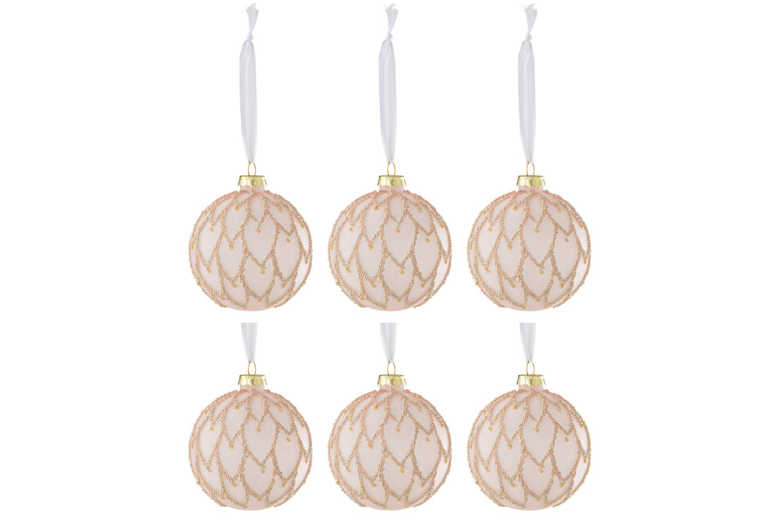 J-Line Doos Van 6 Kerstbal Harten Parels Glas Bevroren Licht Roze
