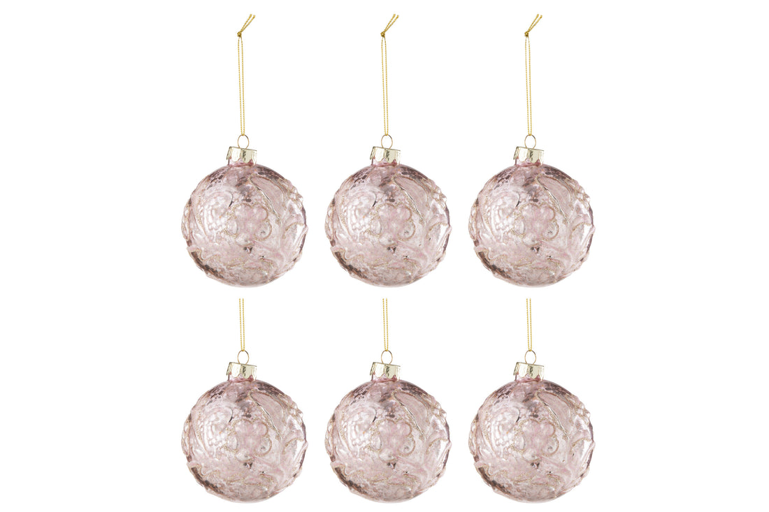 J-Line Doos Van 6 Kerstbal Motief Roos Pailletten Glas Licht Roze Small