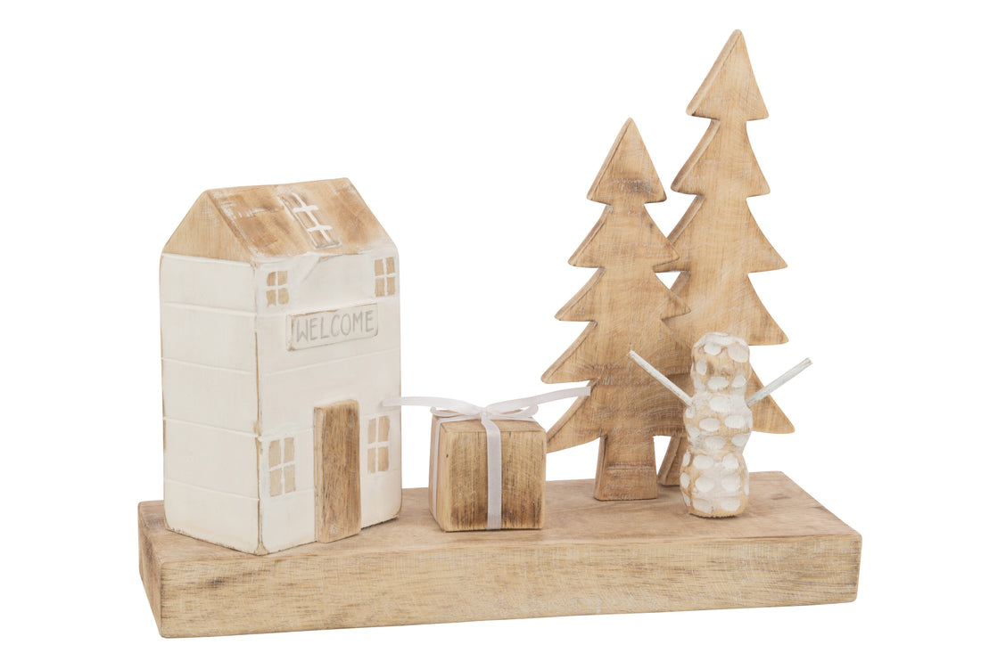 J-Line Kerstdorp zonder verlichting - hout - naturel/ wit - 30 cm